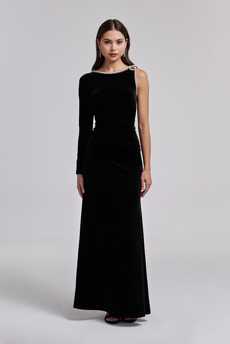One - Shoulder Black Velvet Maxi Dress with Sparkling Shoulder Detail - shopaleena