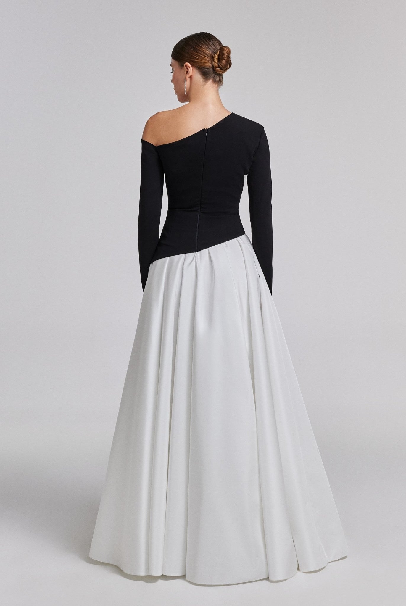 One - Shoulder Black & White Crepe and Taffeta Ball Gown - shopaleena