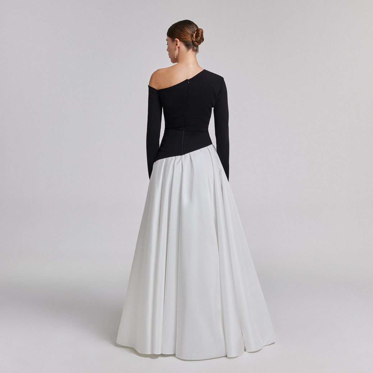 One - Shoulder Black & White Crepe and Taffeta Ball Gown - shopaleena