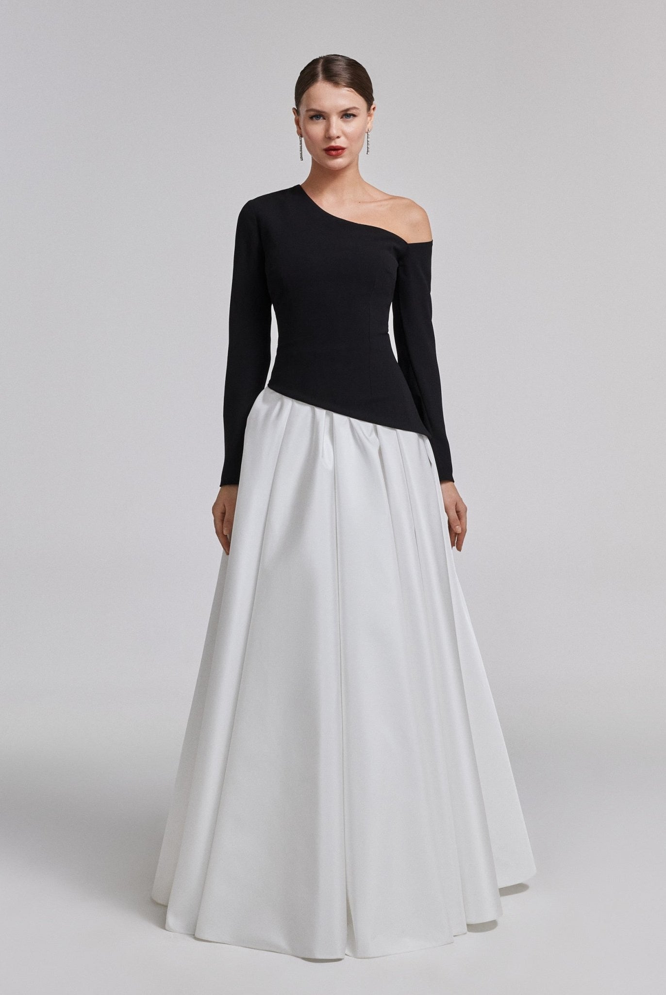One - Shoulder Black & White Crepe and Taffeta Ball Gown - shopaleena