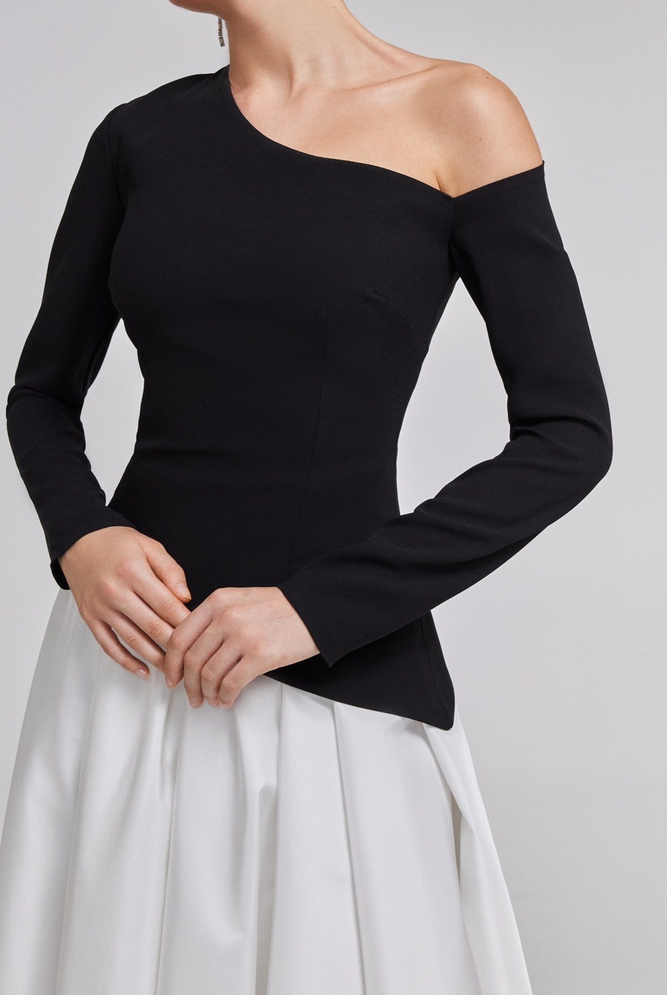 One - Shoulder Black & White Crepe and Taffeta Ball Gown - shopaleena