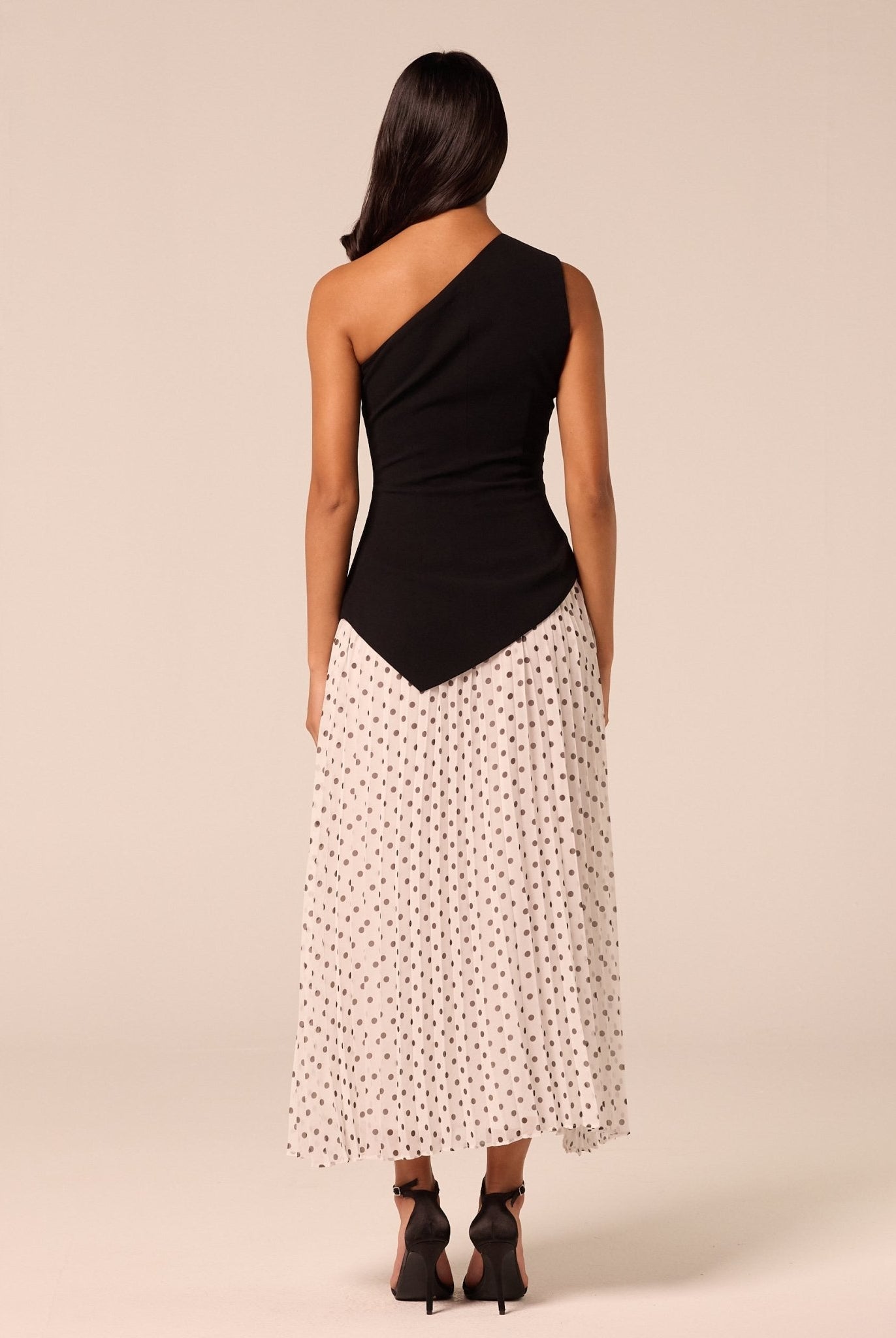 One Shoulder Crepe & Chiffon Dress with Polka Dots - shopaleena