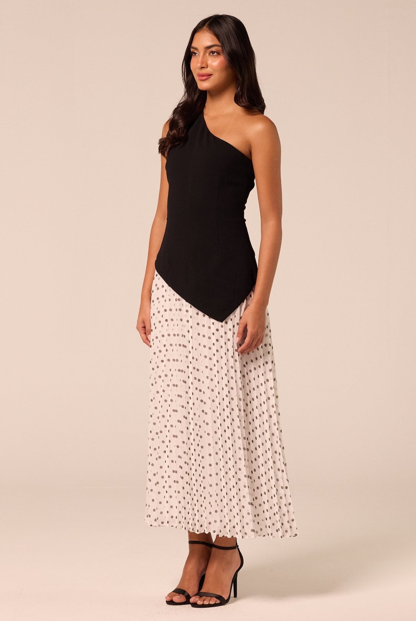 One Shoulder Crepe & Chiffon Dress with Polka Dots - shopaleena