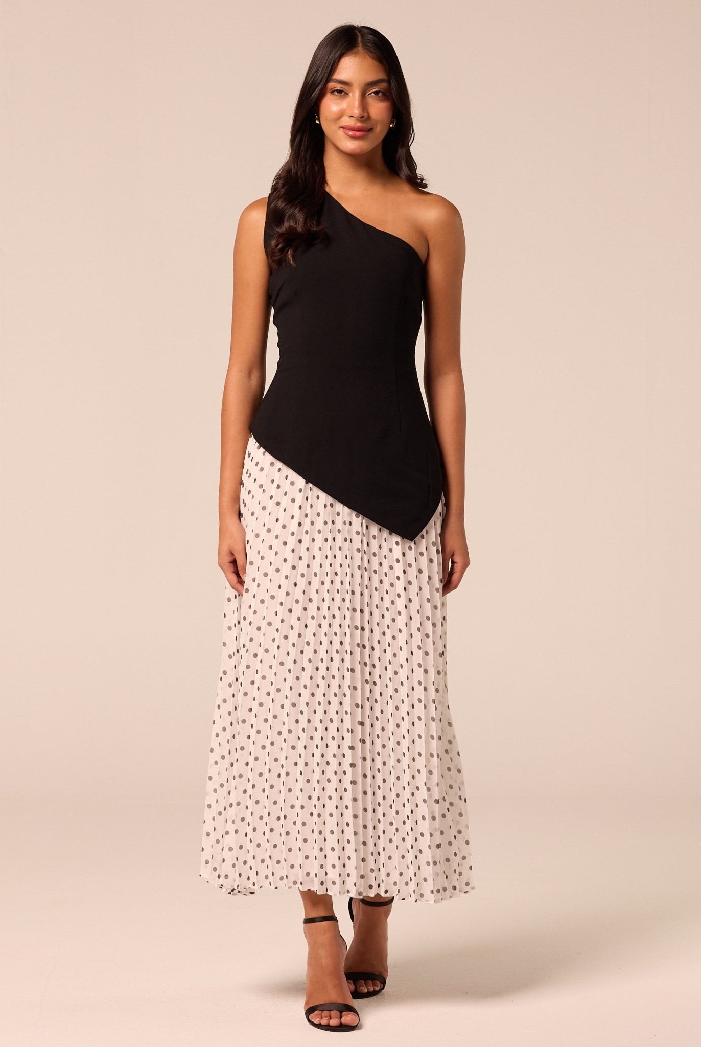 One Shoulder Crepe & Chiffon Dress with Polka Dots - shopaleena