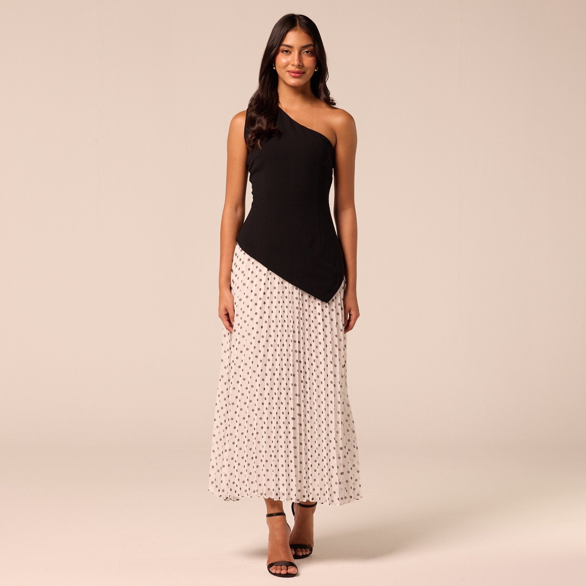 One Shoulder Crepe & Chiffon Dress with Polka Dots - shopaleena
