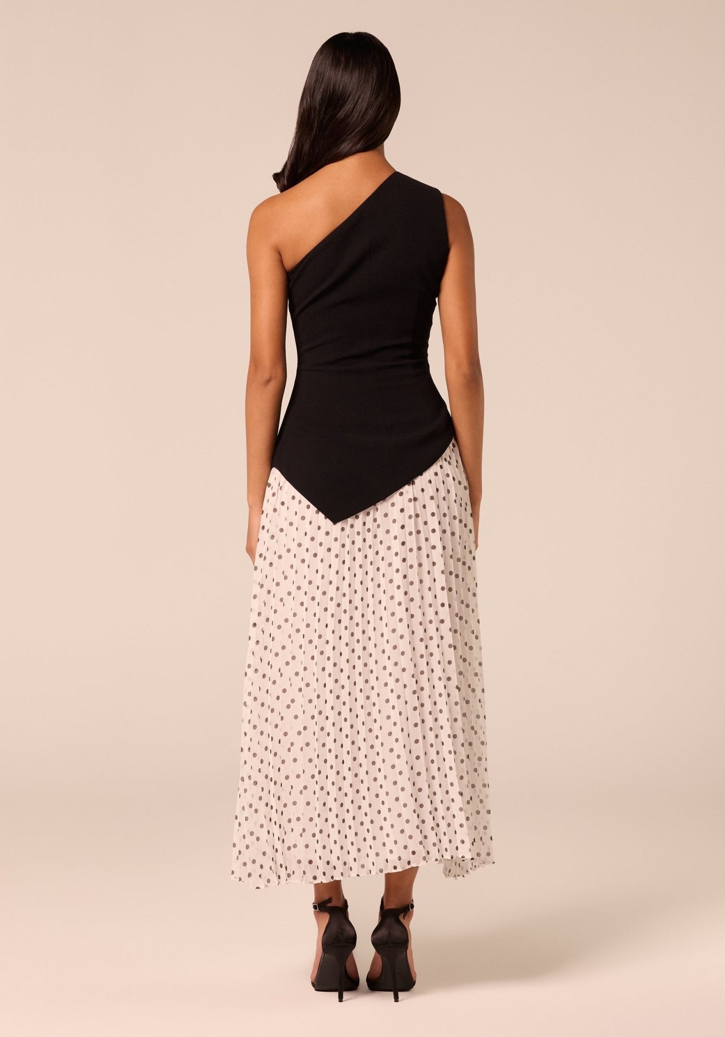 One Shoulder Crepe & Chiffon Dress with Polka Dots - shopaleena