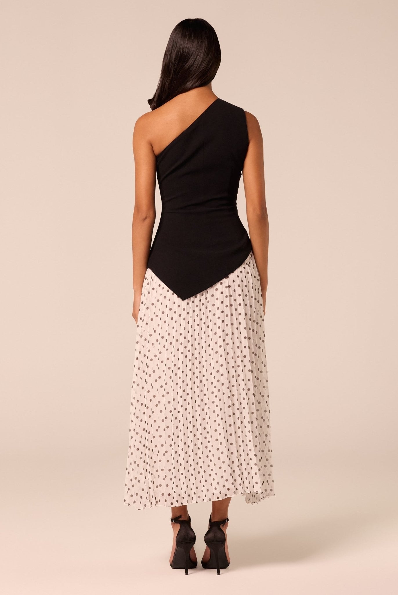One Shoulder Crepe & Chiffon Dress with Polka Dots - shopaleena