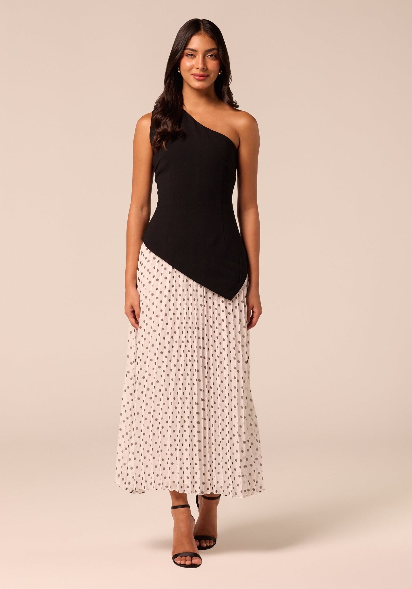 One Shoulder Crepe & Chiffon Dress with Polka Dots - shopaleena