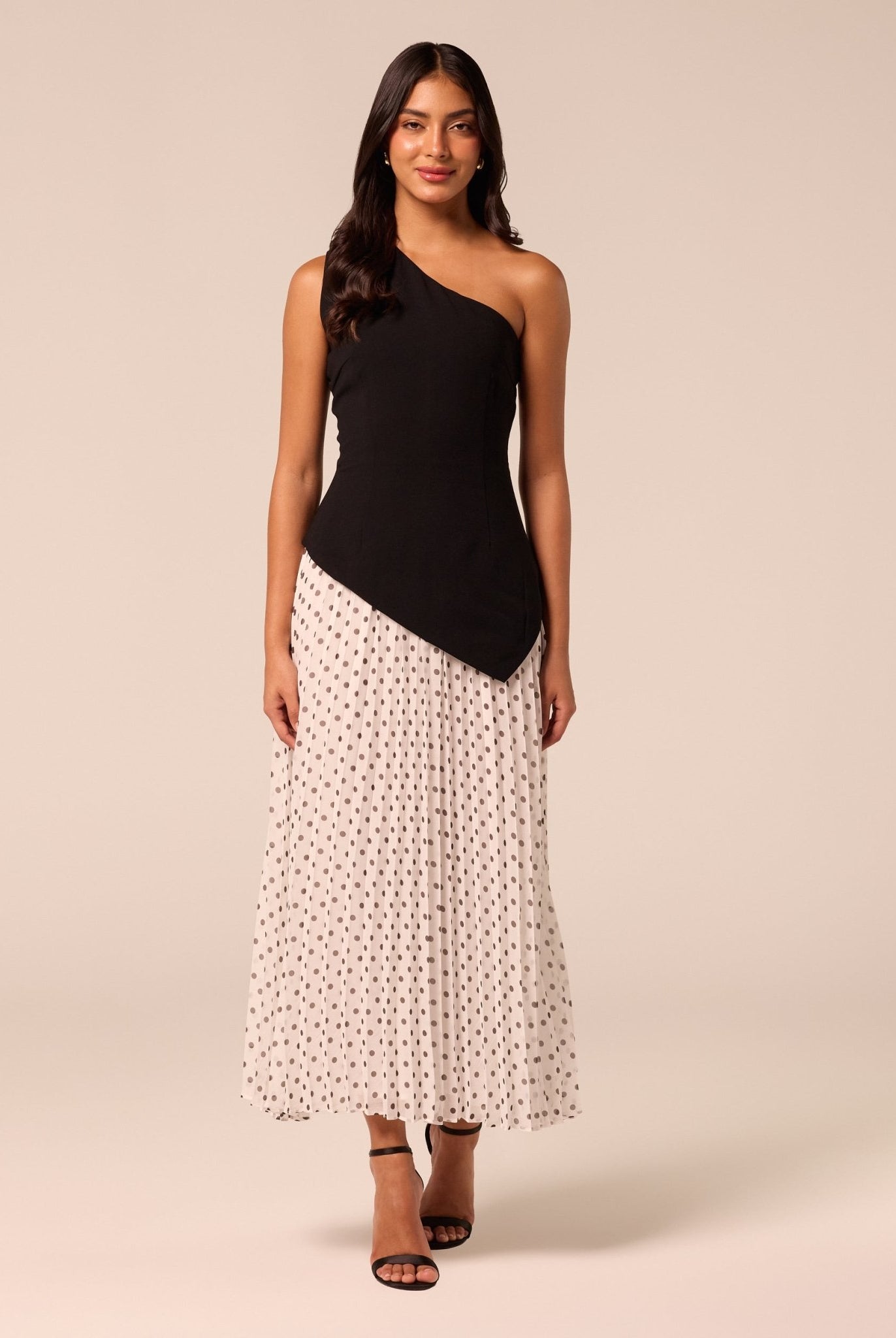 One Shoulder Crepe & Chiffon Dress with Polka Dots - shopaleena