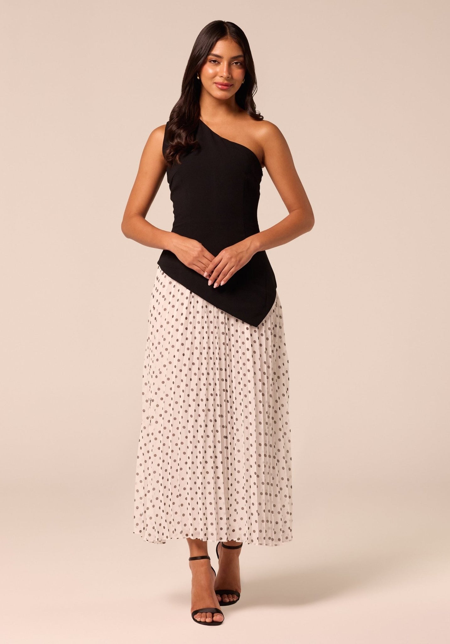 One Shoulder Crepe & Chiffon Dress with Polka Dots - shopaleena