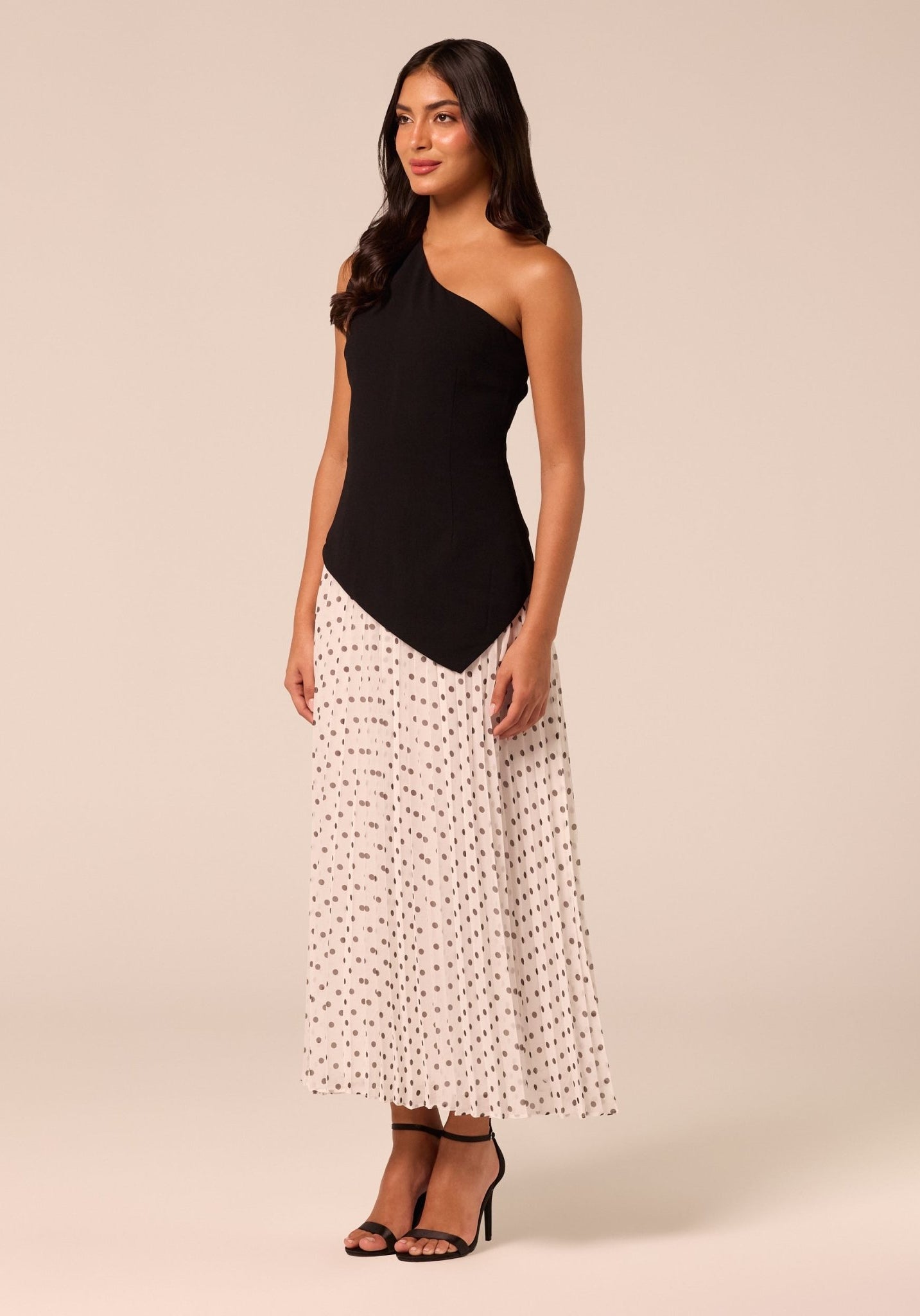 One Shoulder Crepe & Chiffon Dress with Polka Dots - shopaleena
