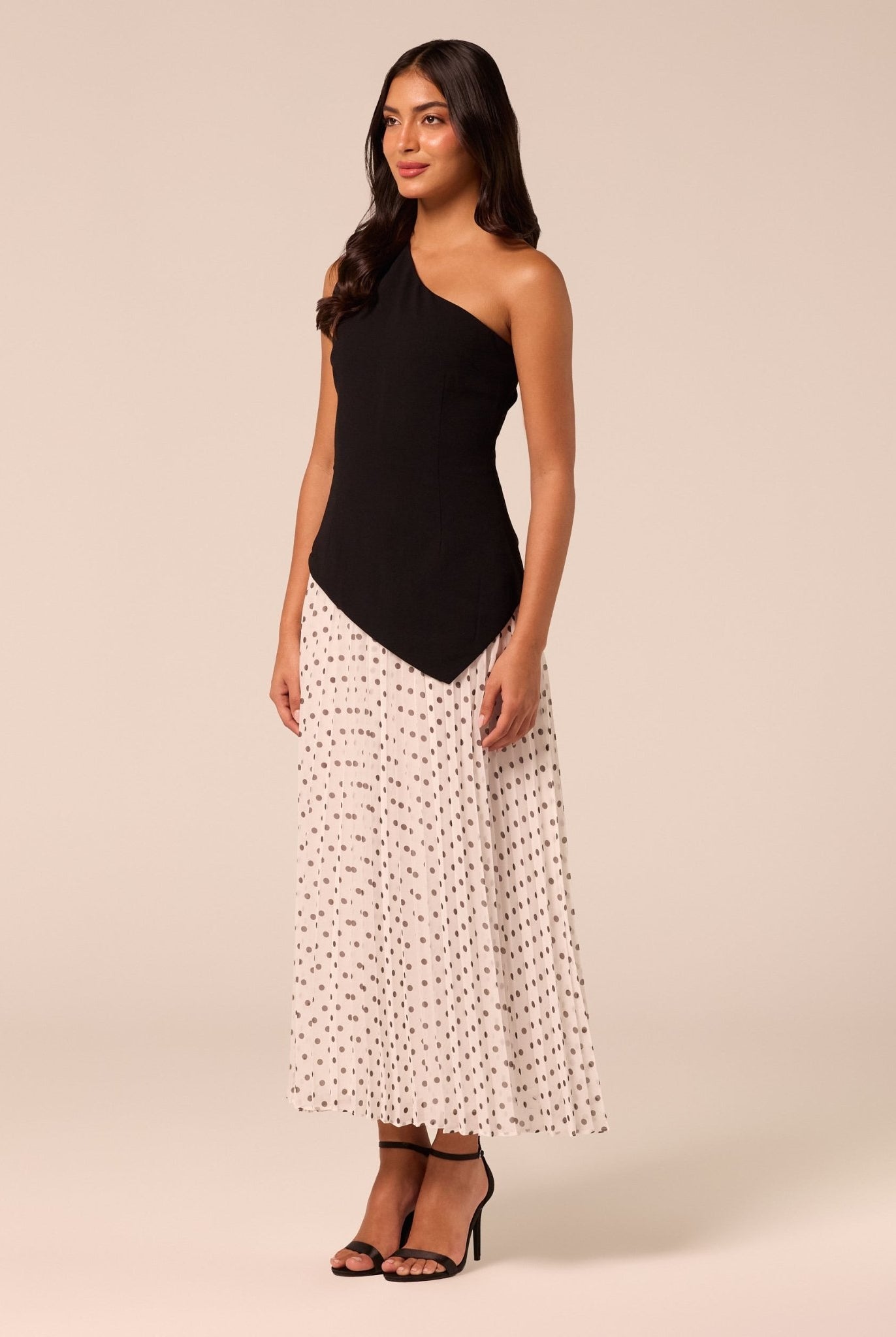 One Shoulder Crepe & Chiffon Dress with Polka Dots - shopaleena