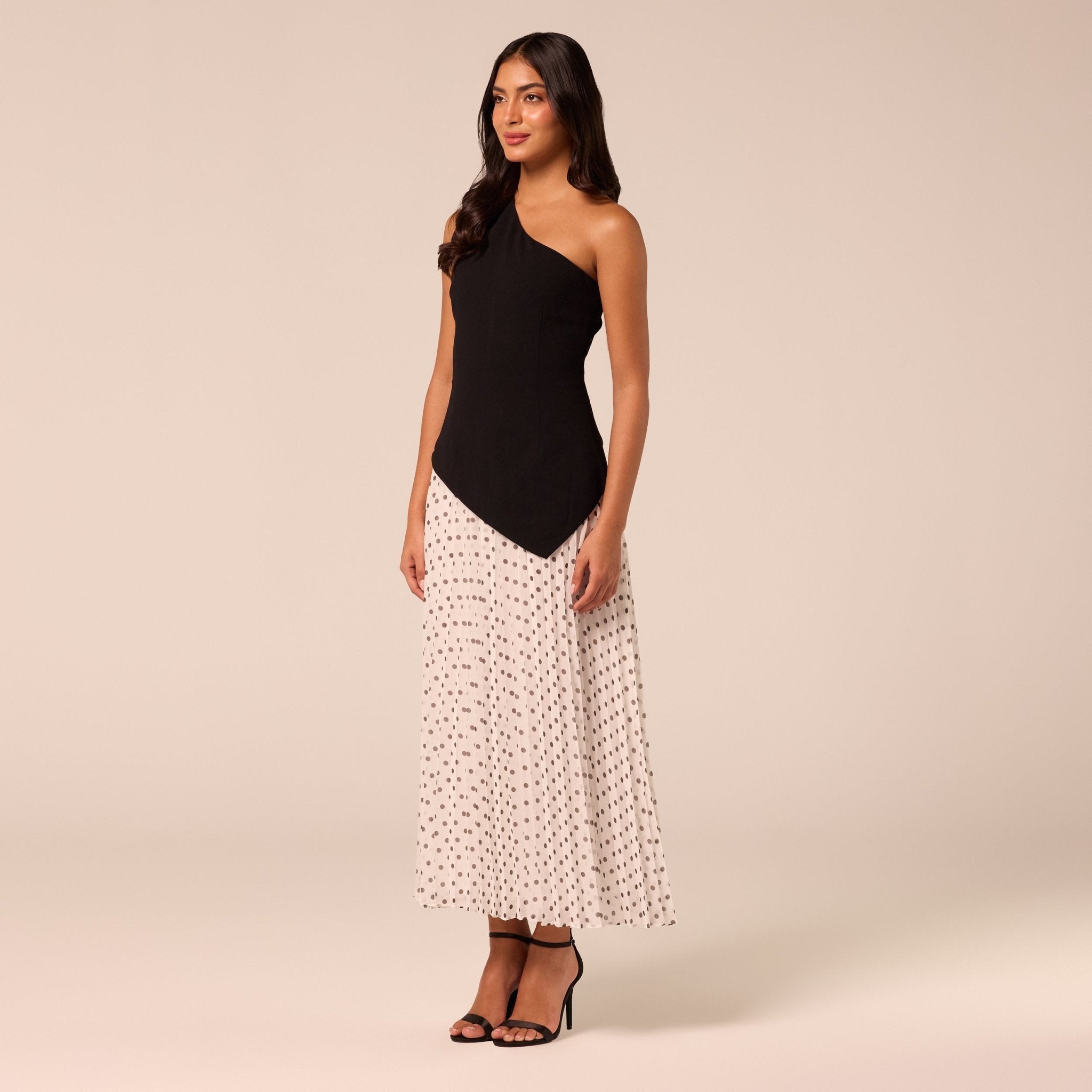 One Shoulder Crepe & Chiffon Dress with Polka Dots - shopaleena
