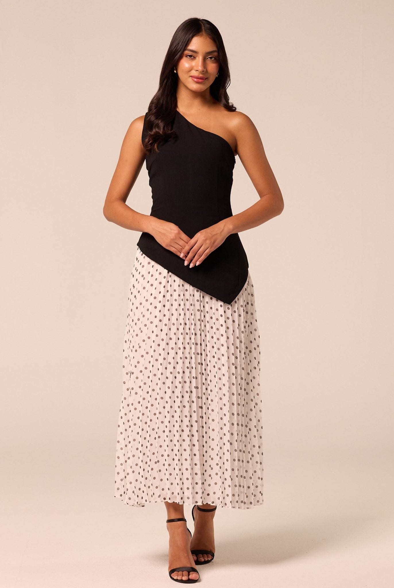One Shoulder Crepe & Chiffon Dress with Polka Dots - shopaleena