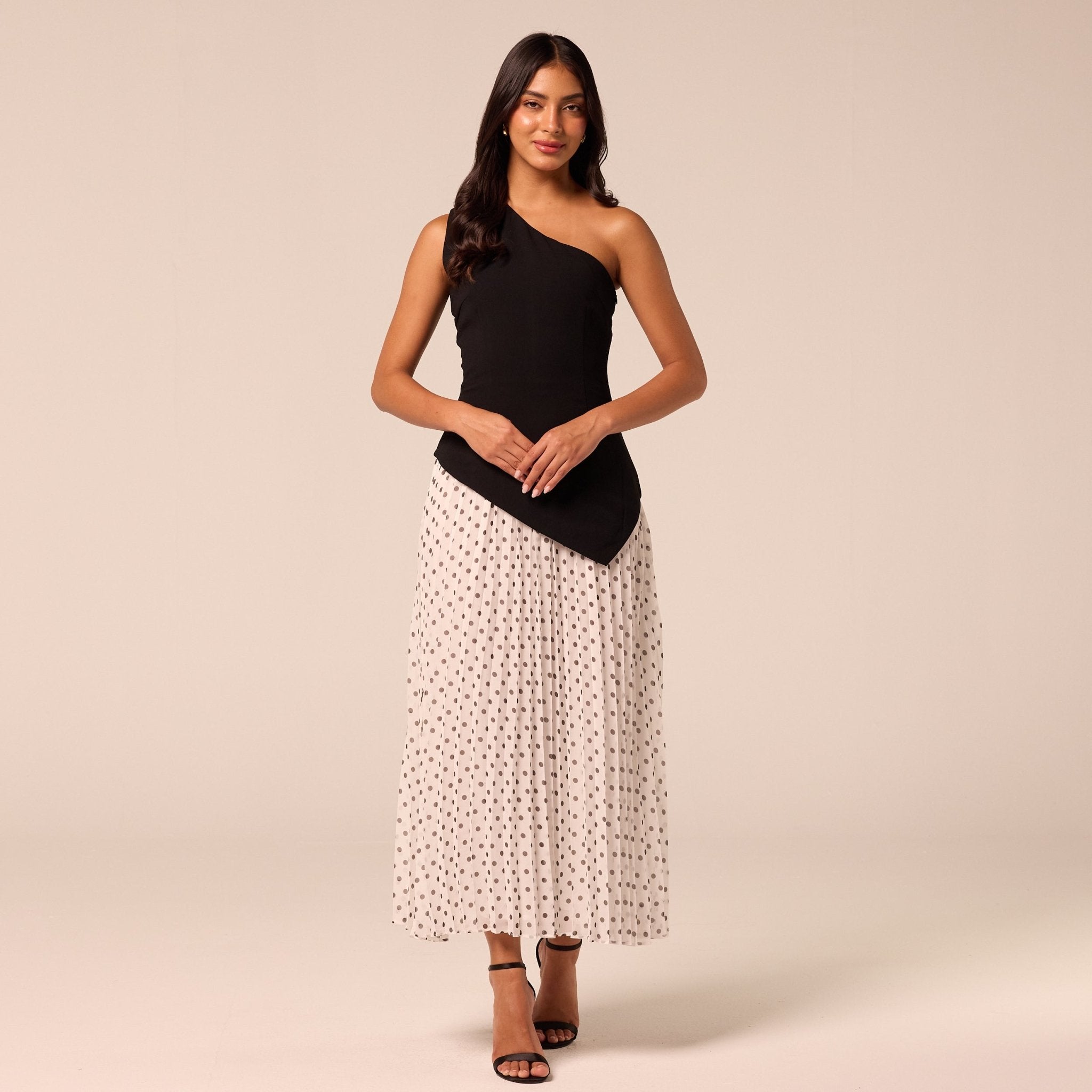 One Shoulder Crepe & Chiffon Dress with Polka Dots - shopaleena
