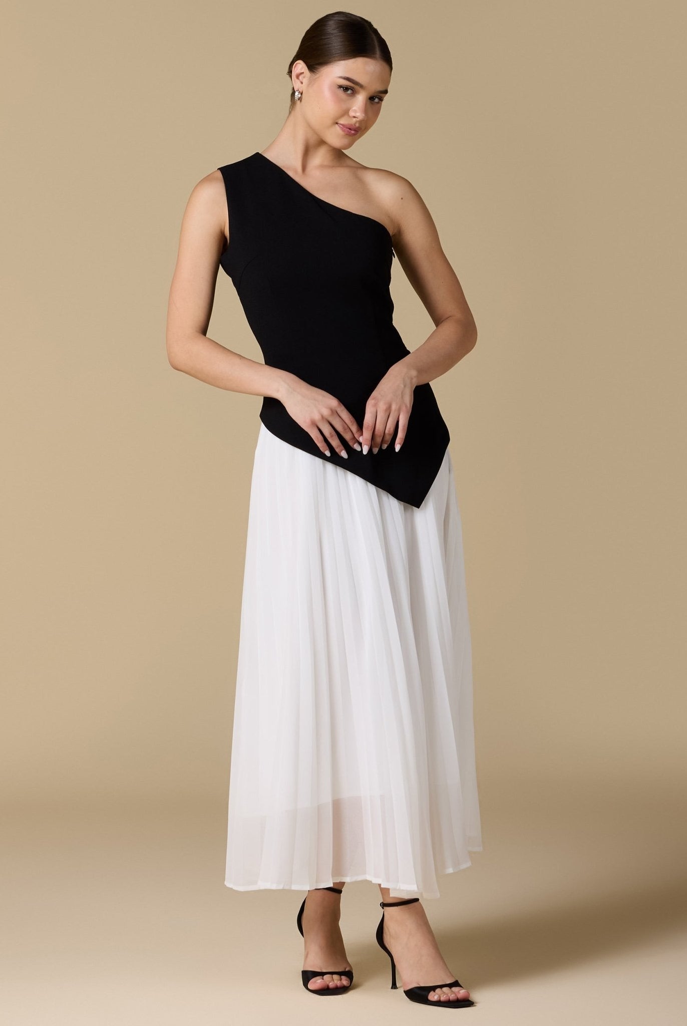 One - shoulder Crepe Dress With Pleated Skirt - shopaleena
