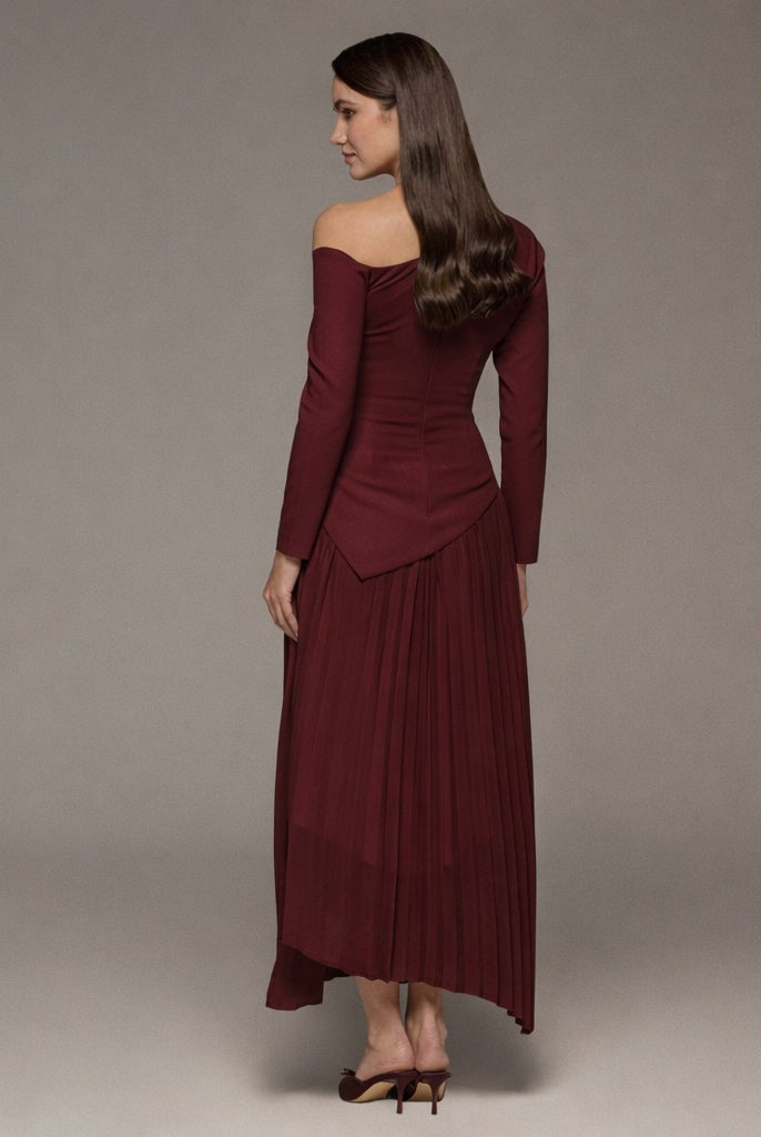 One-shoulder Crepe Dress With Pleated Skirt - shopaleena