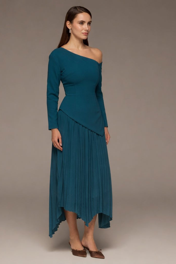 One-shoulder Crepe Dress With Pleated Skirt - shopaleena