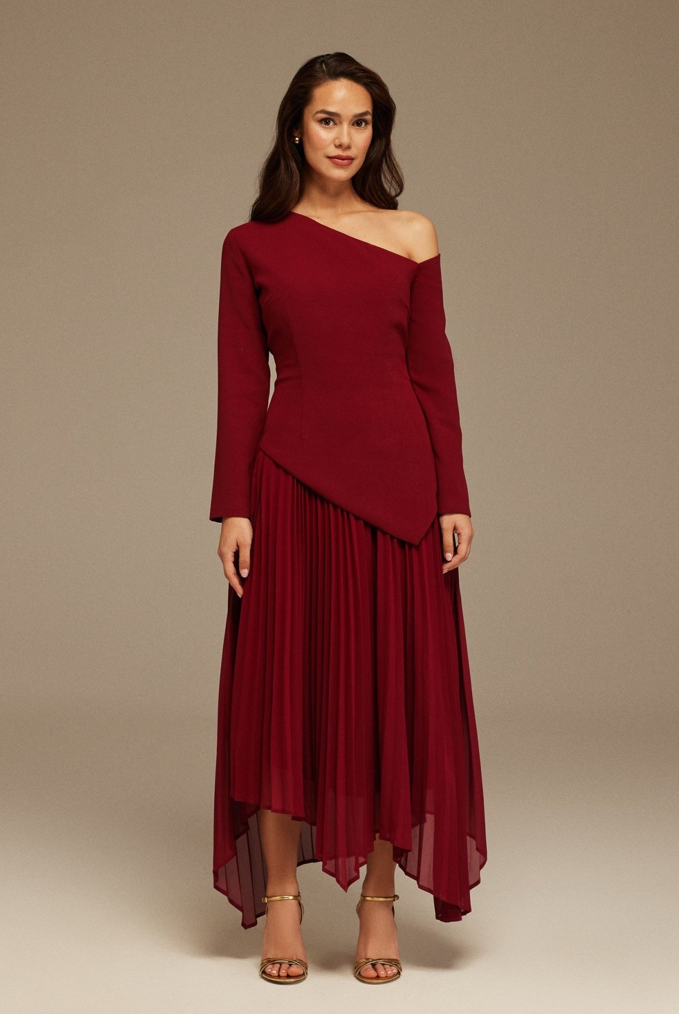 One - shoulder Crepe Dress With Pleated Skirt - shopaleena