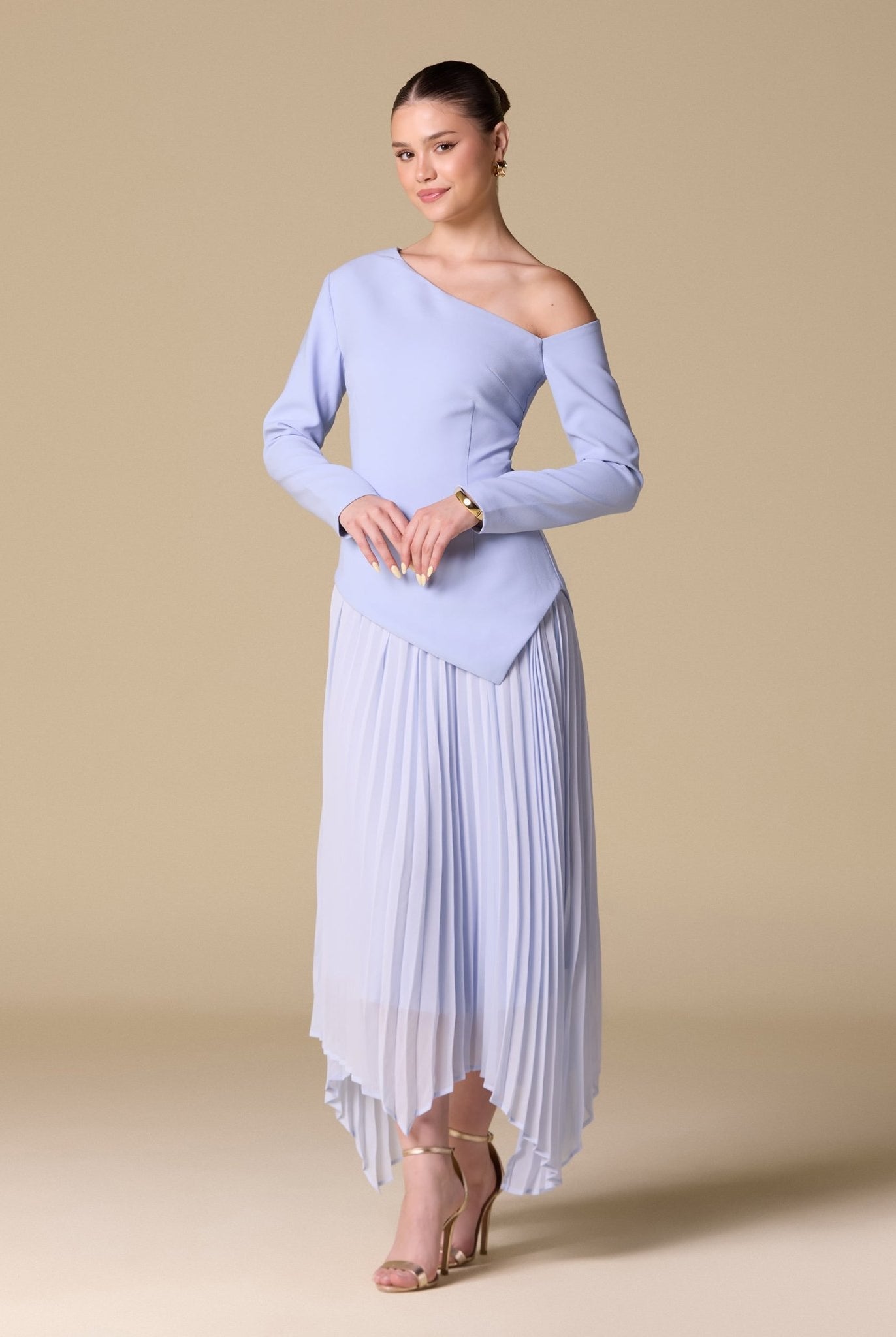 One - shoulder Crepe Dress With Pleated Skirt - shopaleena