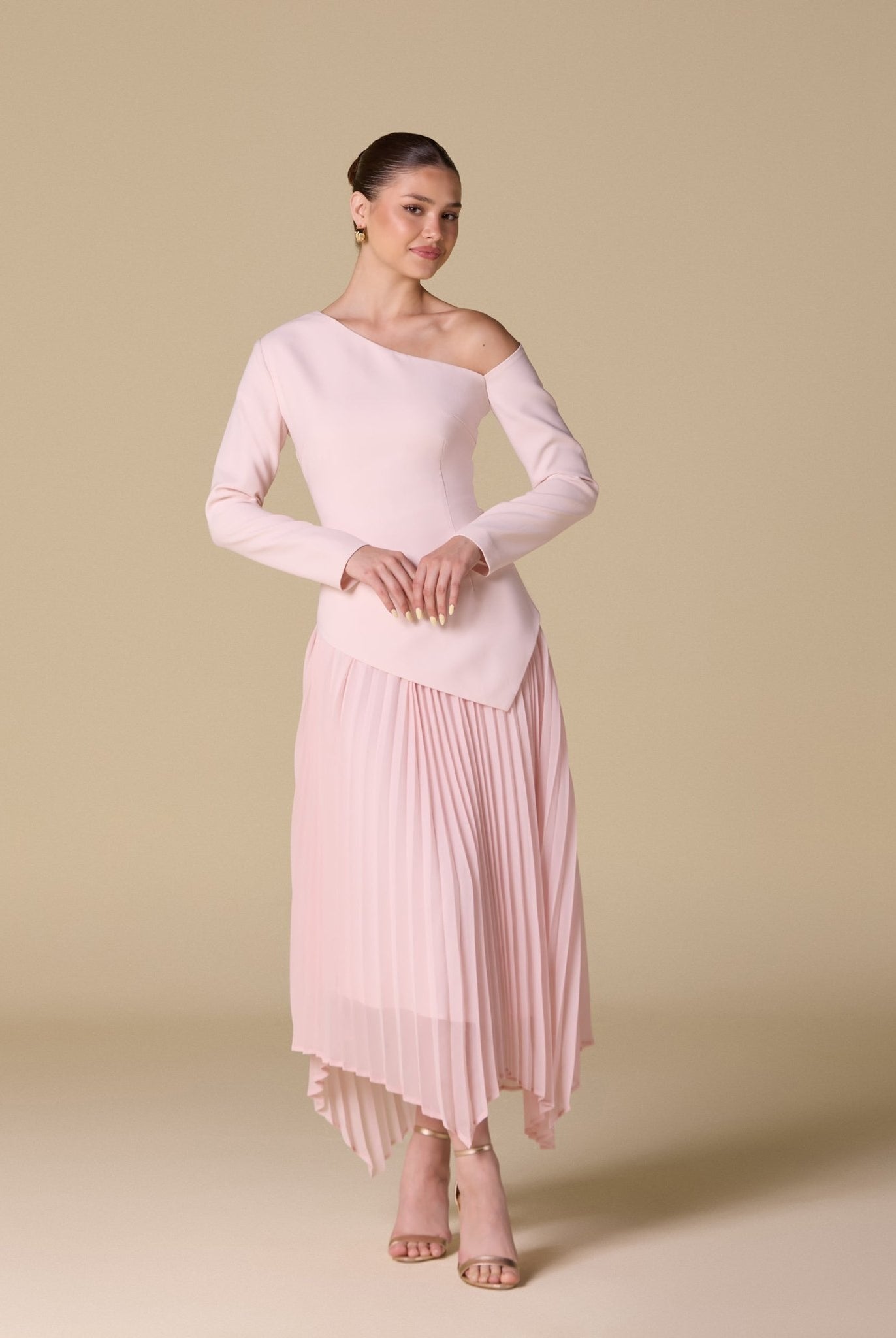 One - shoulder Crepe Dress With Pleated Skirt - shopaleena