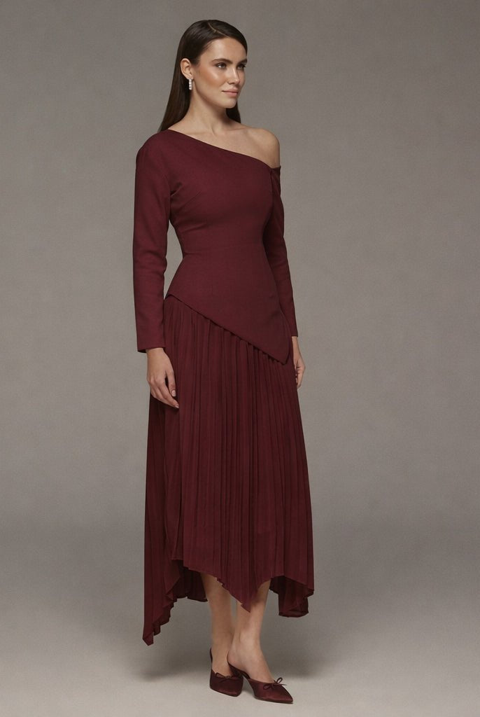 One-shoulder Crepe Dress With Pleated Skirt - shopaleena