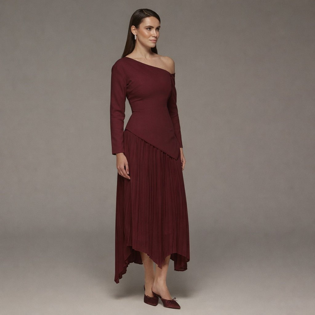 One-shoulder Crepe Dress With Pleated Skirt - shopaleena