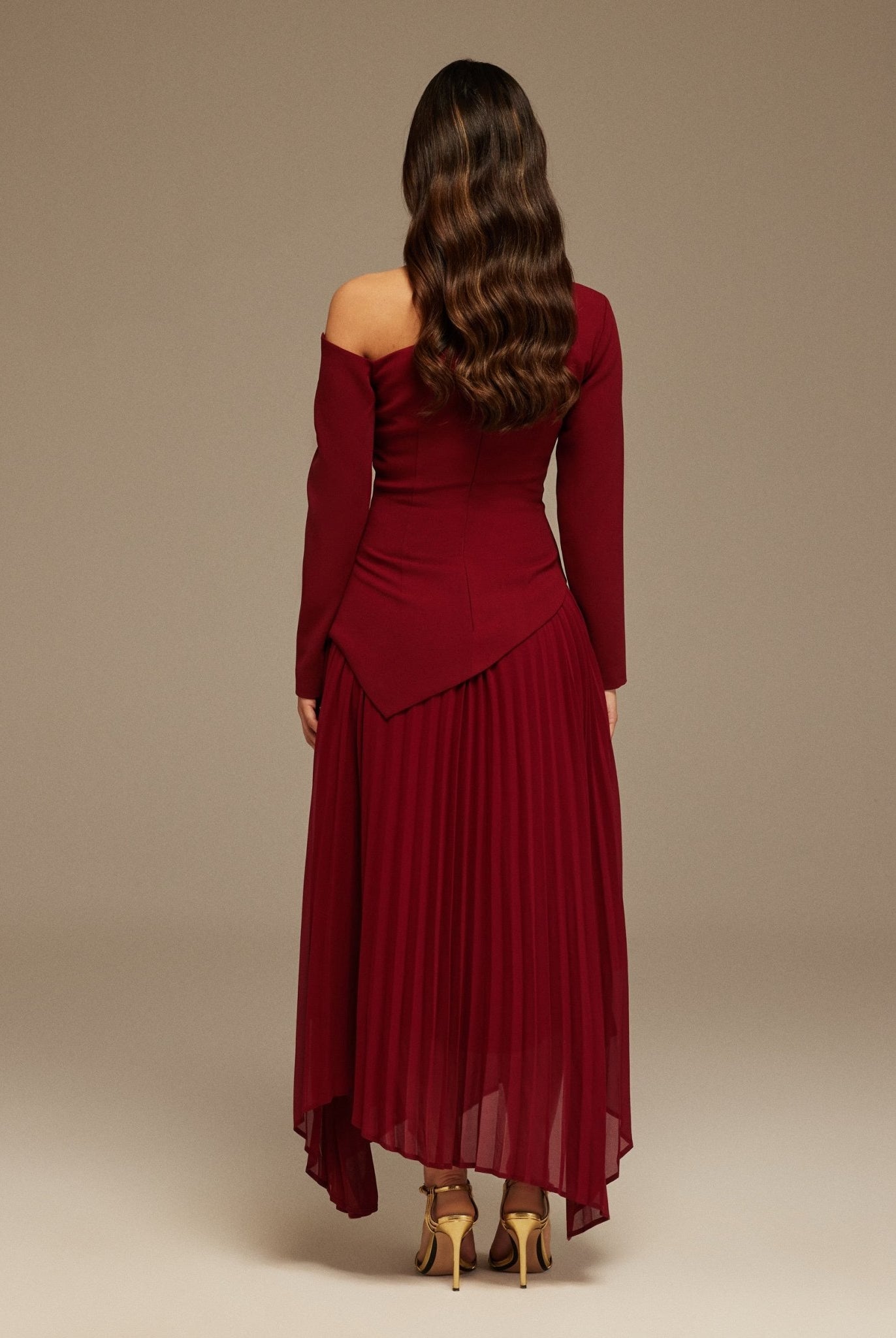 One - shoulder Crepe Dress With Pleated Skirt - shopaleena