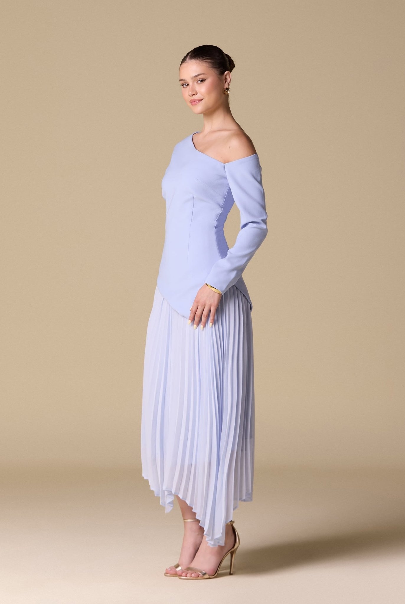 One - shoulder Crepe Dress With Pleated Skirt - shopaleena