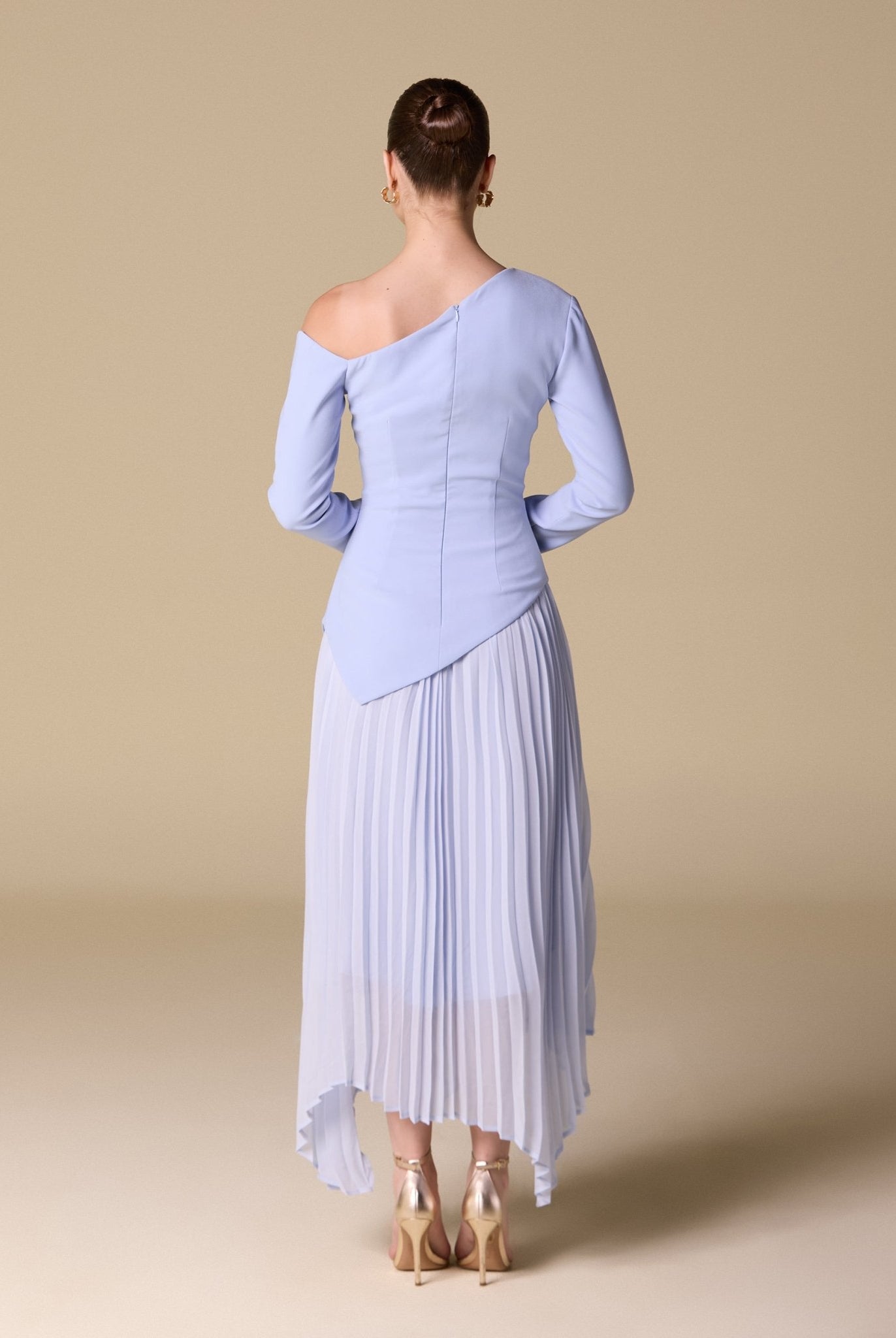 One - shoulder Crepe Dress With Pleated Skirt - shopaleena
