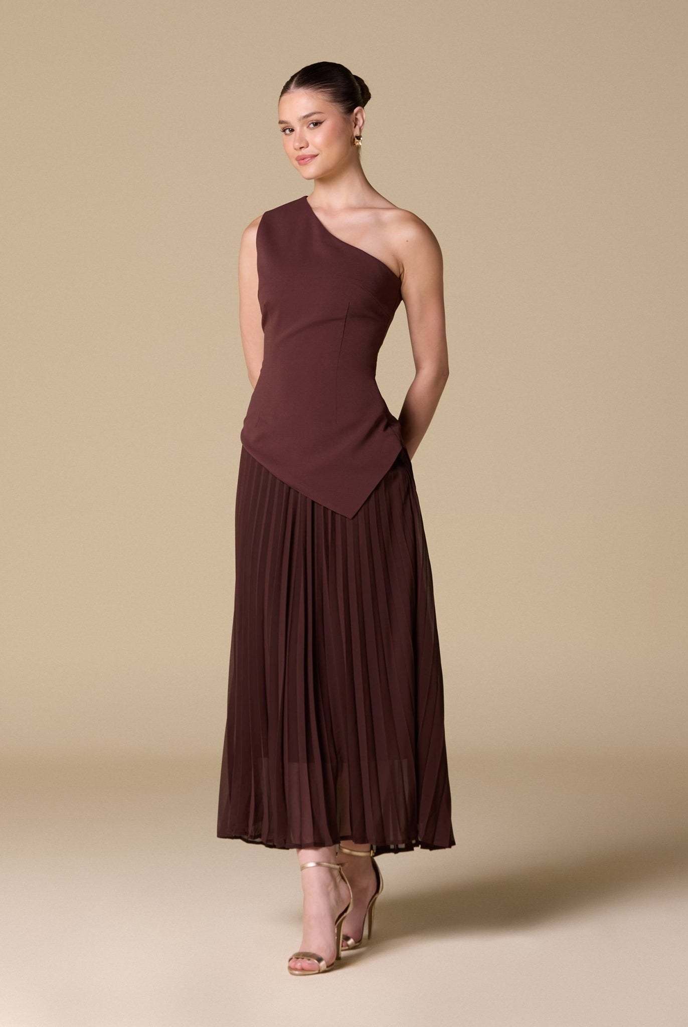 One - shoulder Crepe Dress With Pleated Skirt - shopaleena