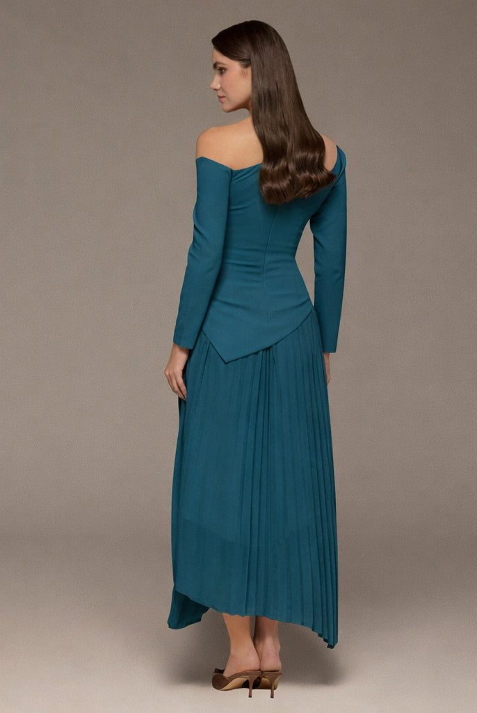 One-shoulder Crepe Dress With Pleated Skirt - shopaleena