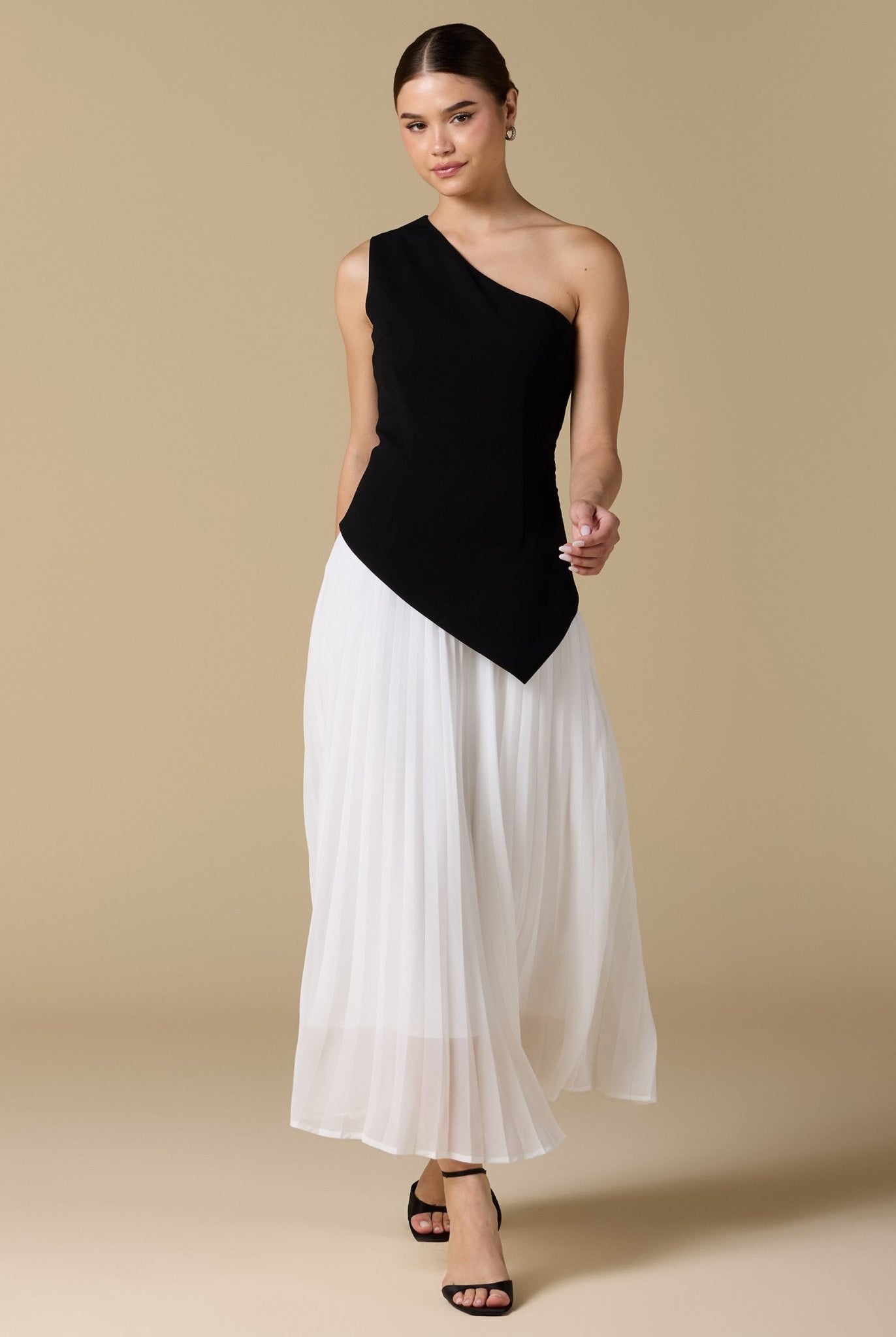 One - shoulder Crepe Dress With Pleated Skirt - shopaleena