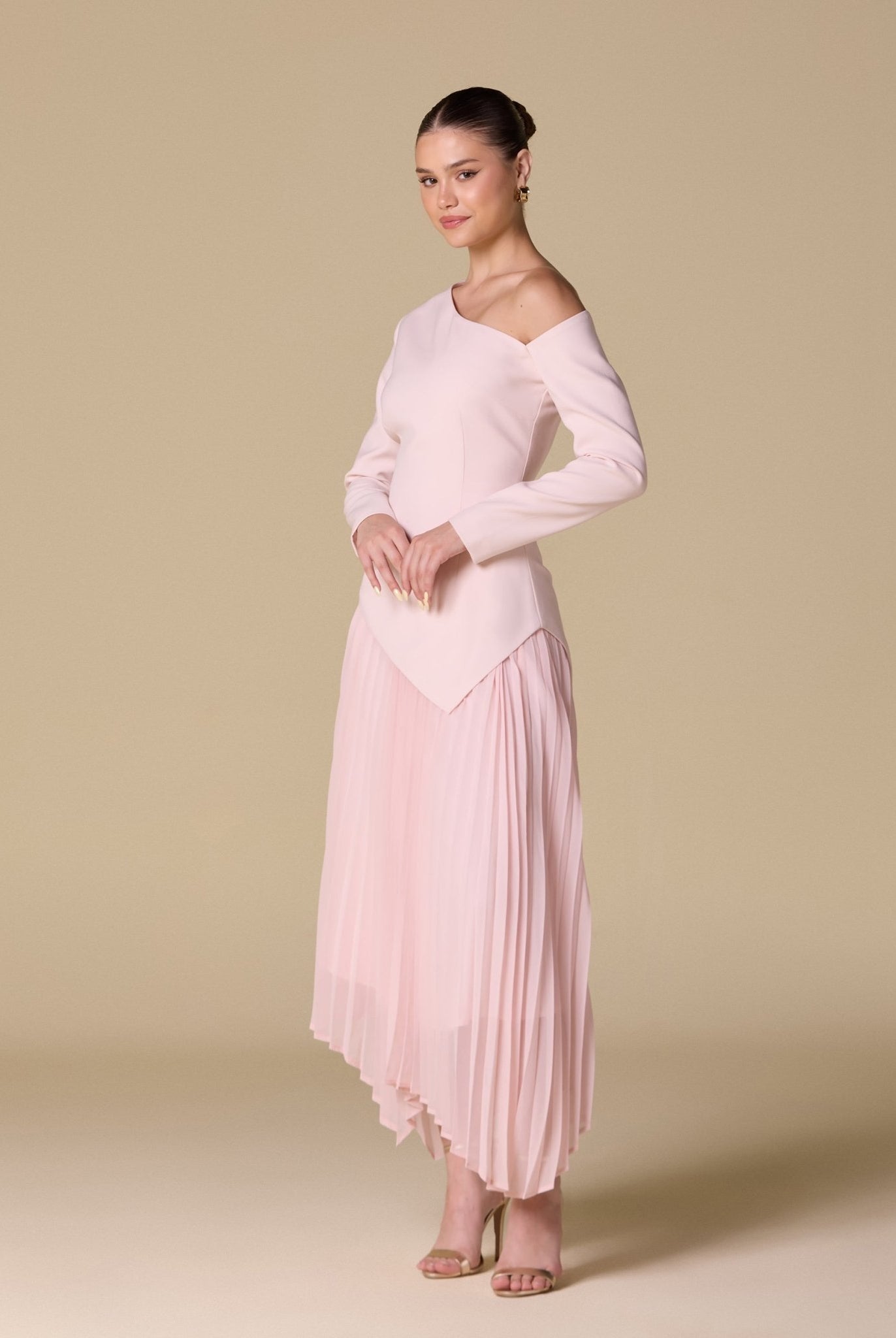One - shoulder Crepe Dress With Pleated Skirt - shopaleena