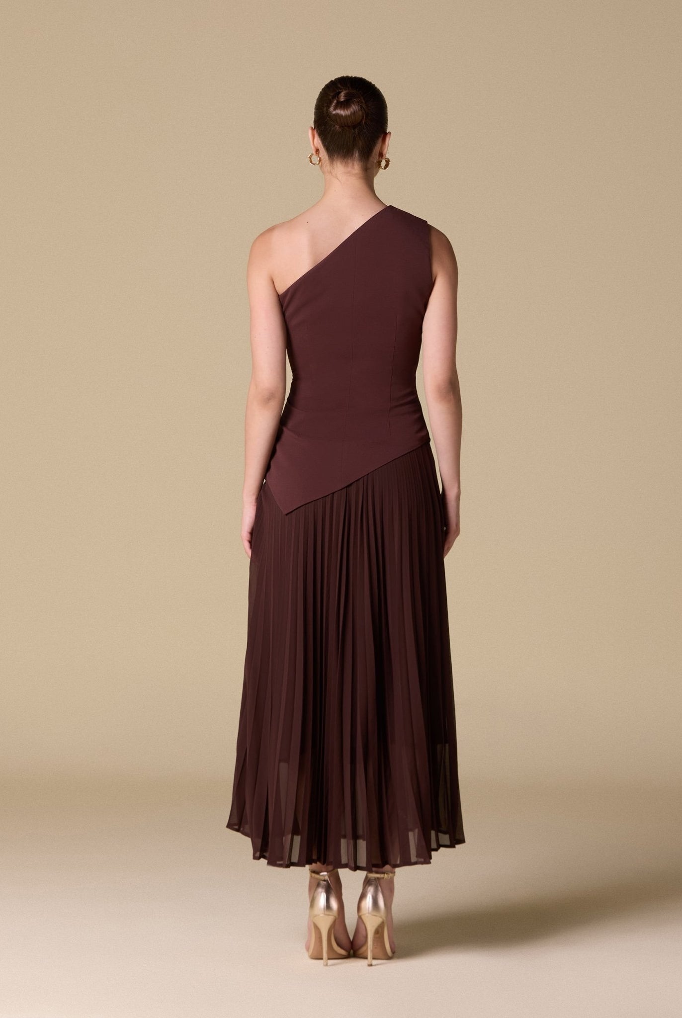 One - shoulder Crepe Dress With Pleated Skirt - shopaleena