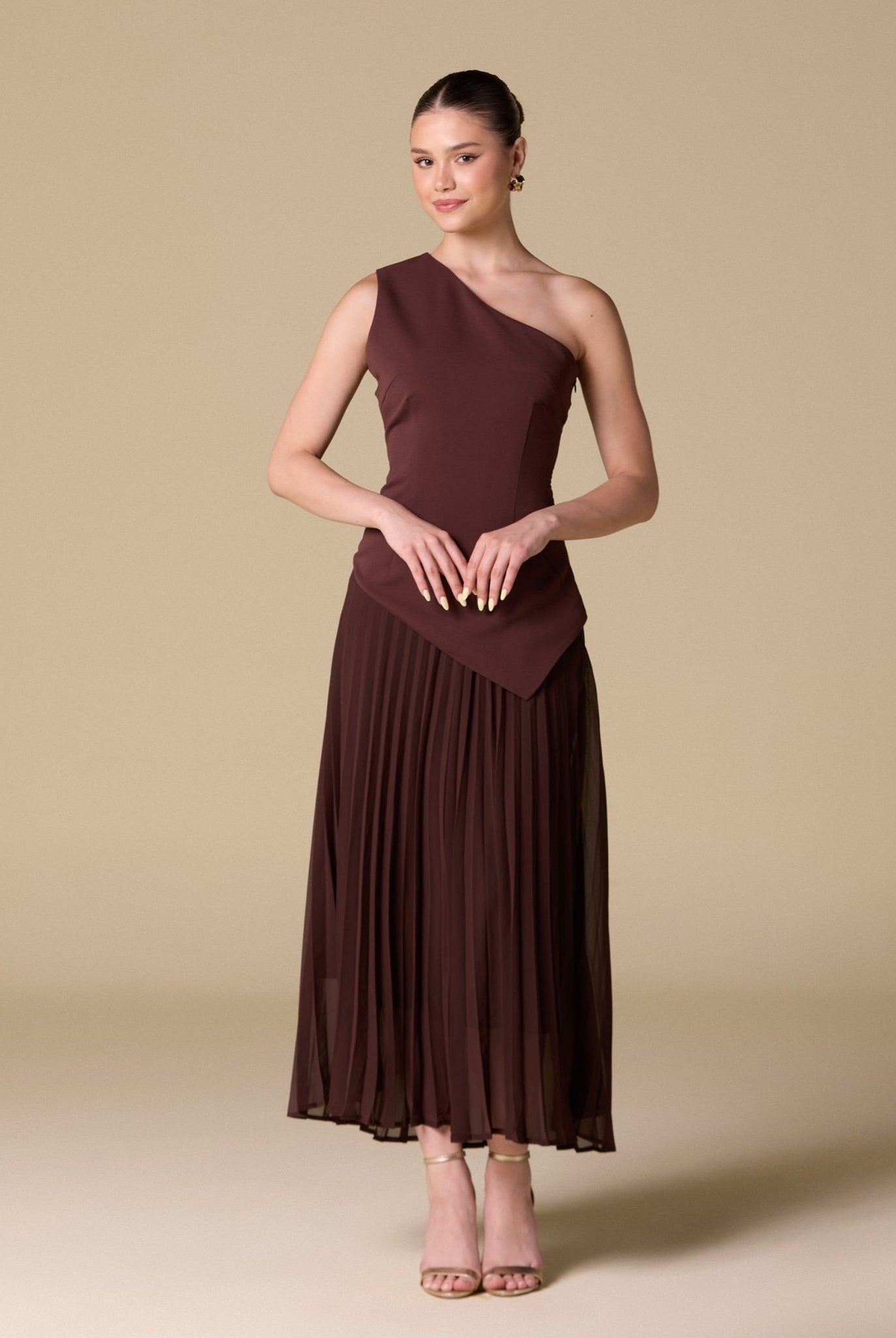 One - shoulder Crepe Dress With Pleated Skirt - shopaleena