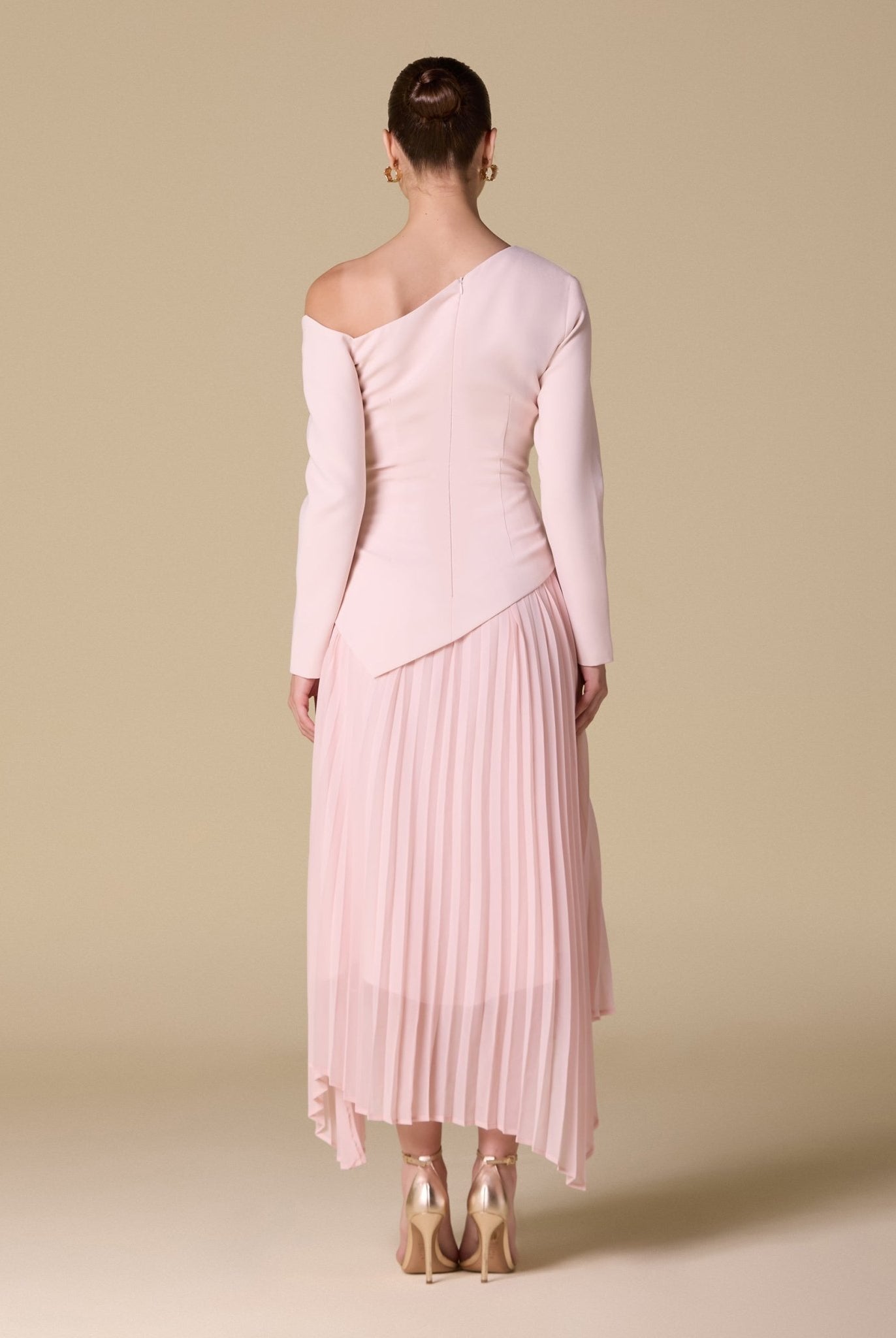 One - shoulder Crepe Dress With Pleated Skirt - shopaleena