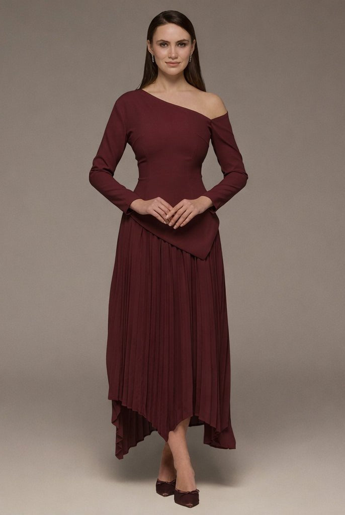 One-shoulder Crepe Dress With Pleated Skirt - shopaleena