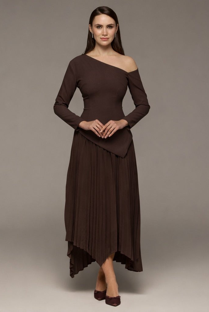 One-shoulder Crepe Dress With Pleated Skirt - shopaleena