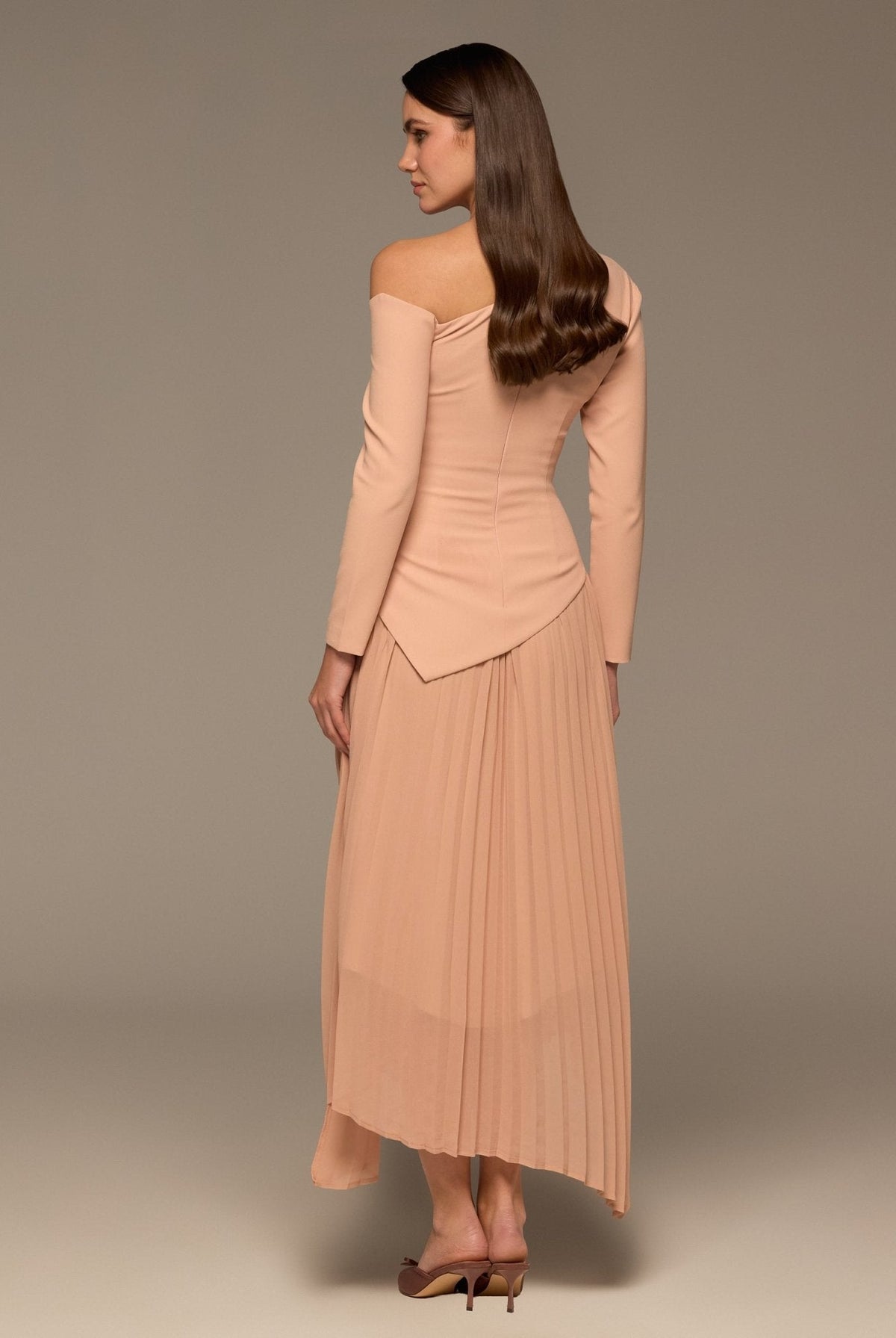 One-shoulder Crepe Dress With Pleated Skirt - shopaleena