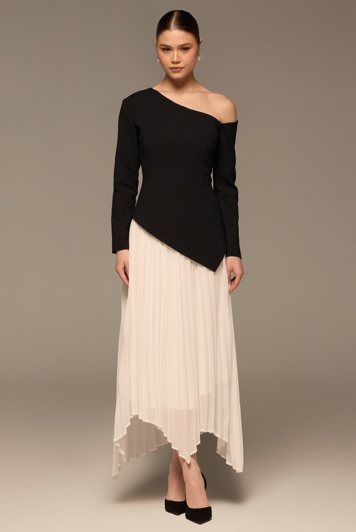 One-shoulder Crepe Dress With Pleated Skirt - shopaleena