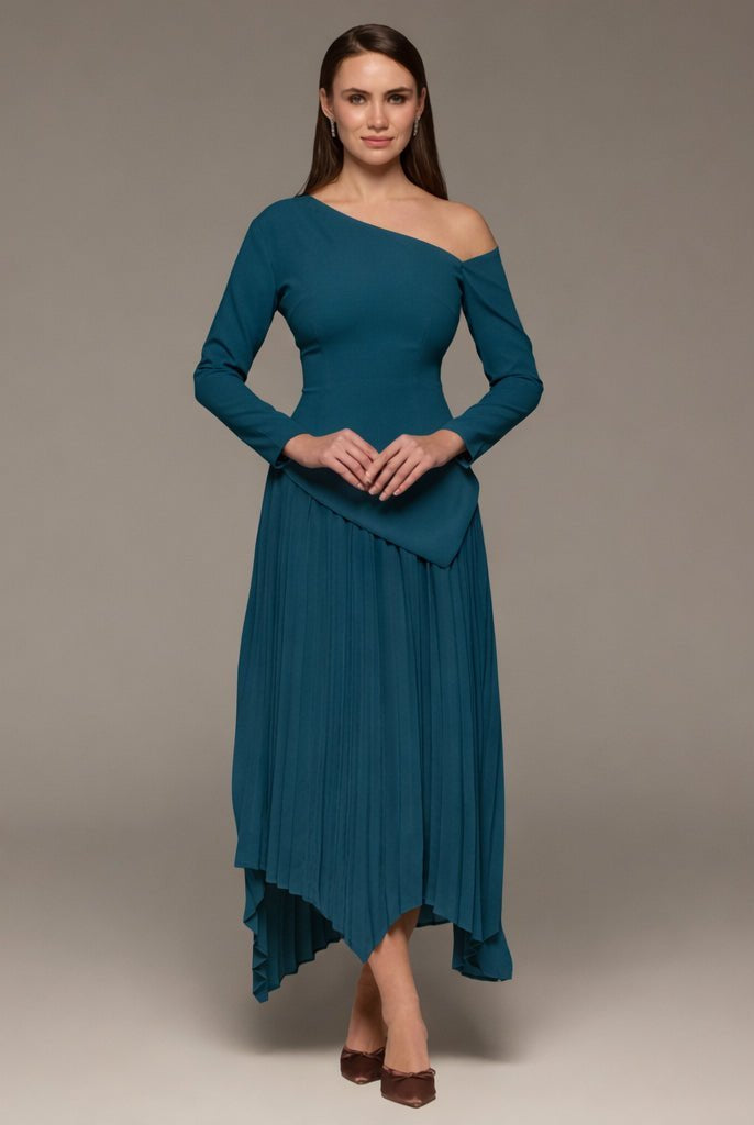 One-shoulder Crepe Dress With Pleated Skirt - shopaleena