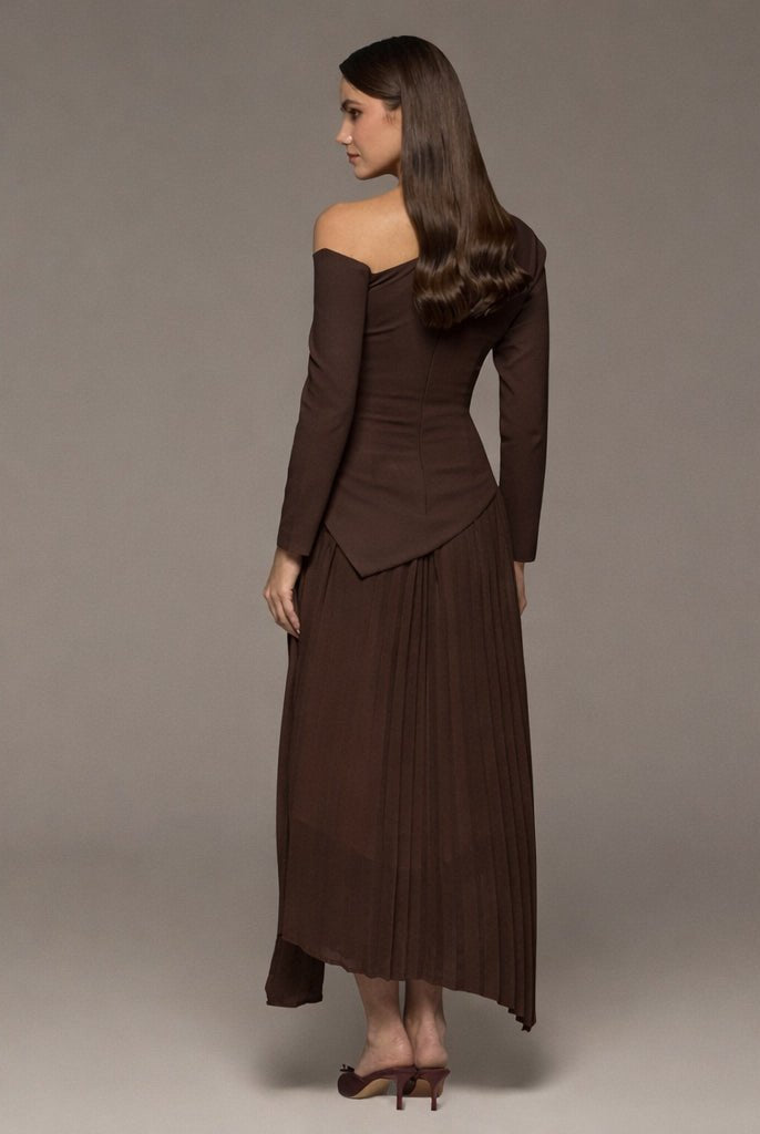 One-shoulder Crepe Dress With Pleated Skirt - shopaleena