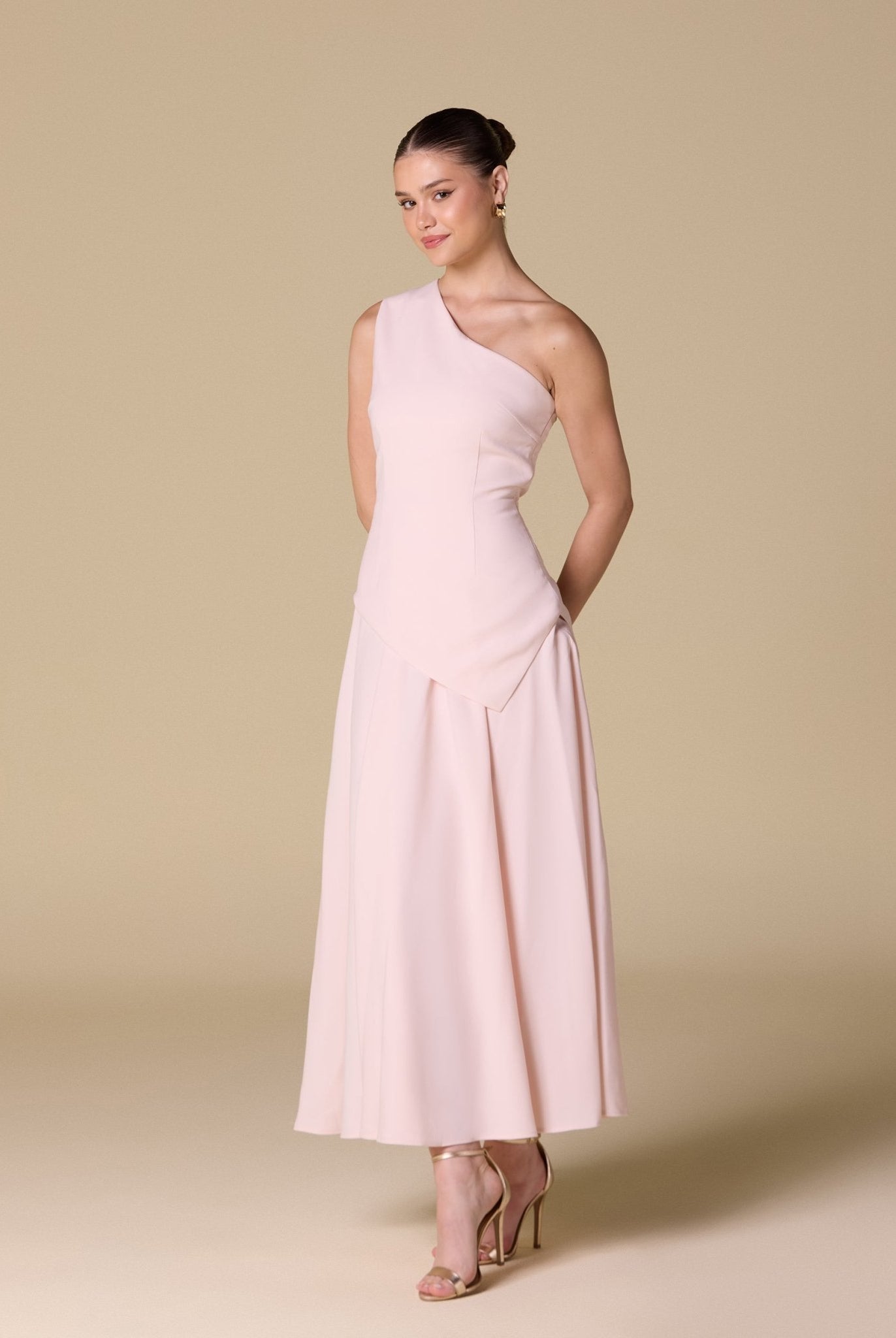 One Shoulder Crepe Midi Dress - shopaleena