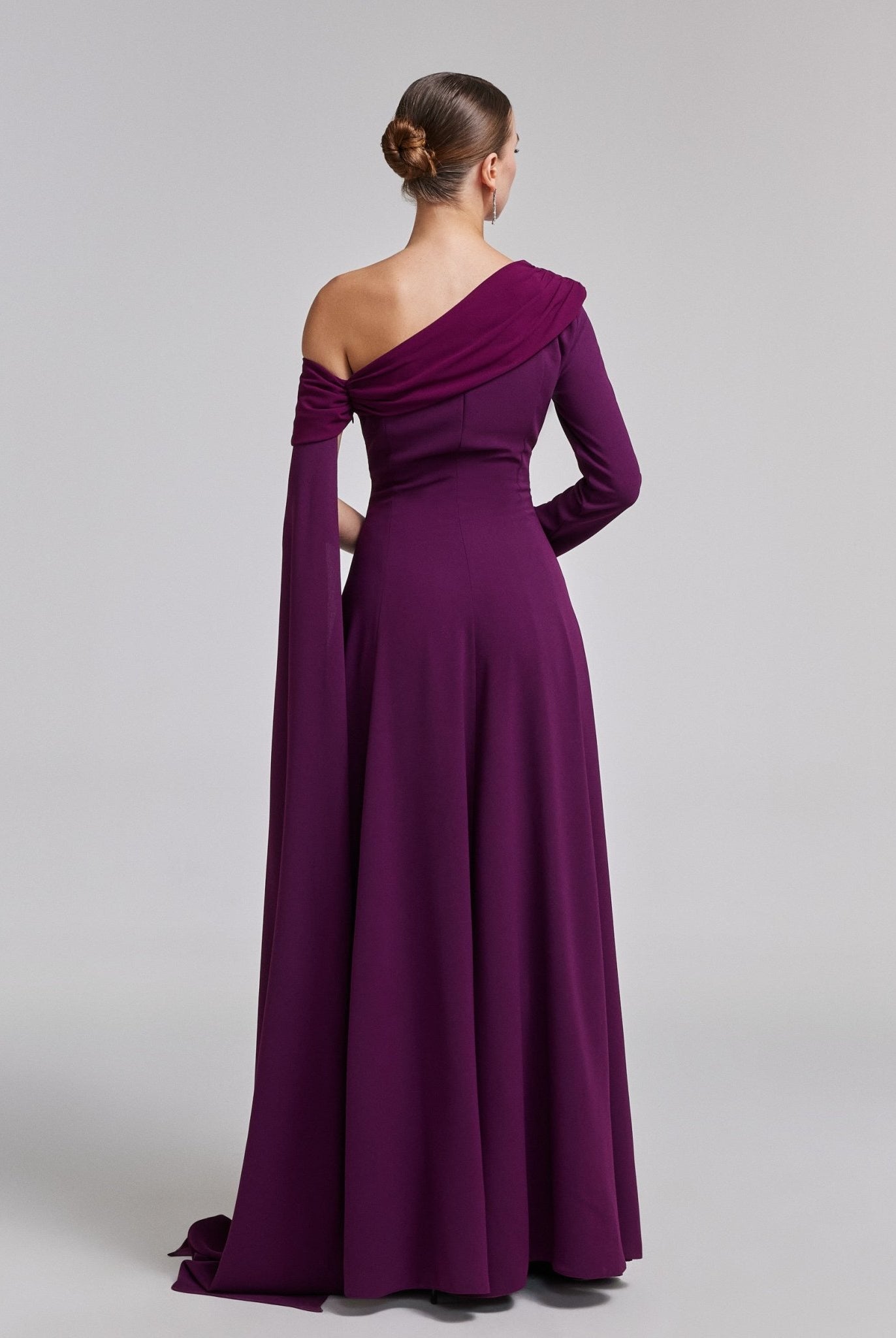 One - Shoulder Draped Crepe Evening Gown - shopaleena