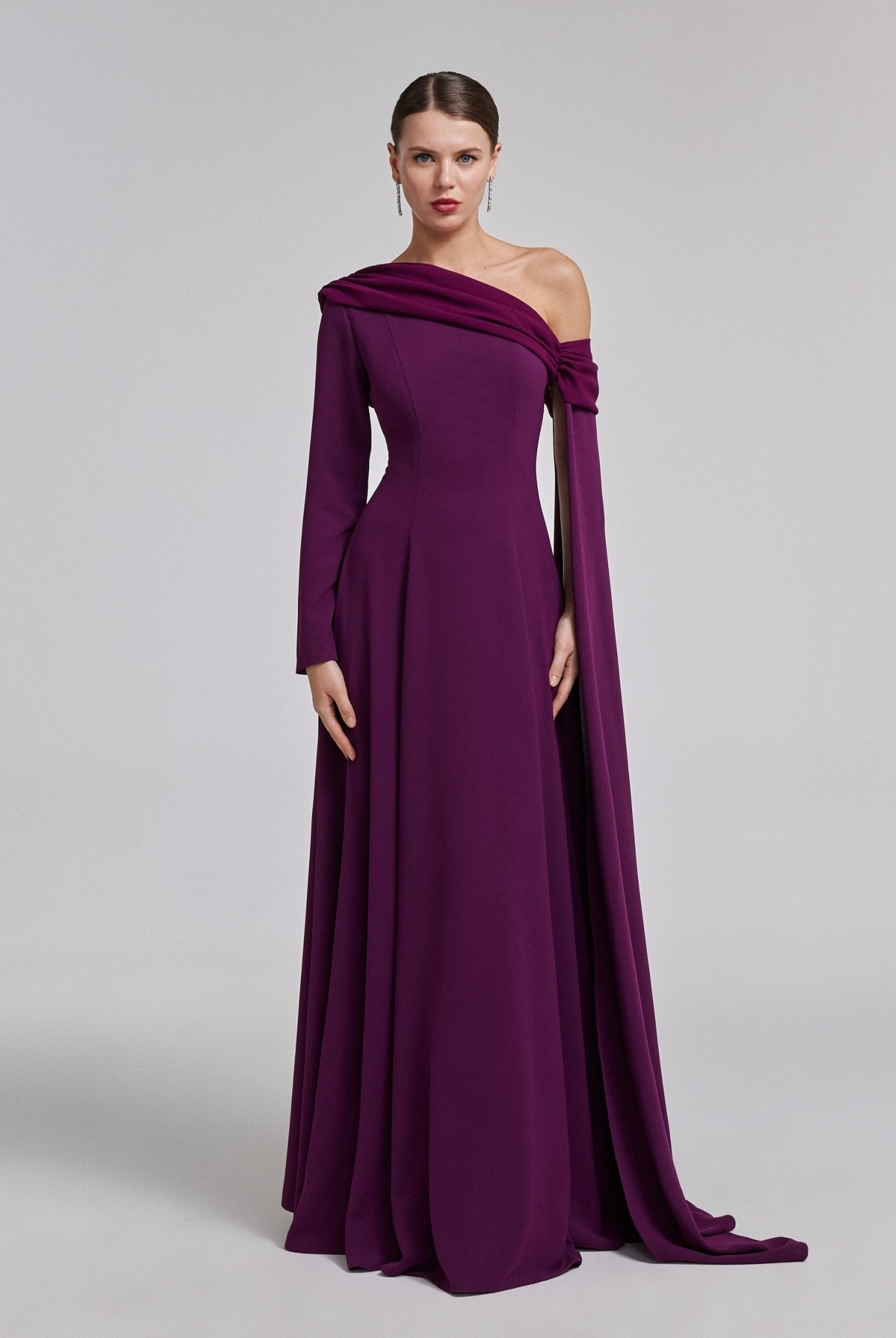 One - Shoulder Draped Crepe Evening Gown - shopaleena