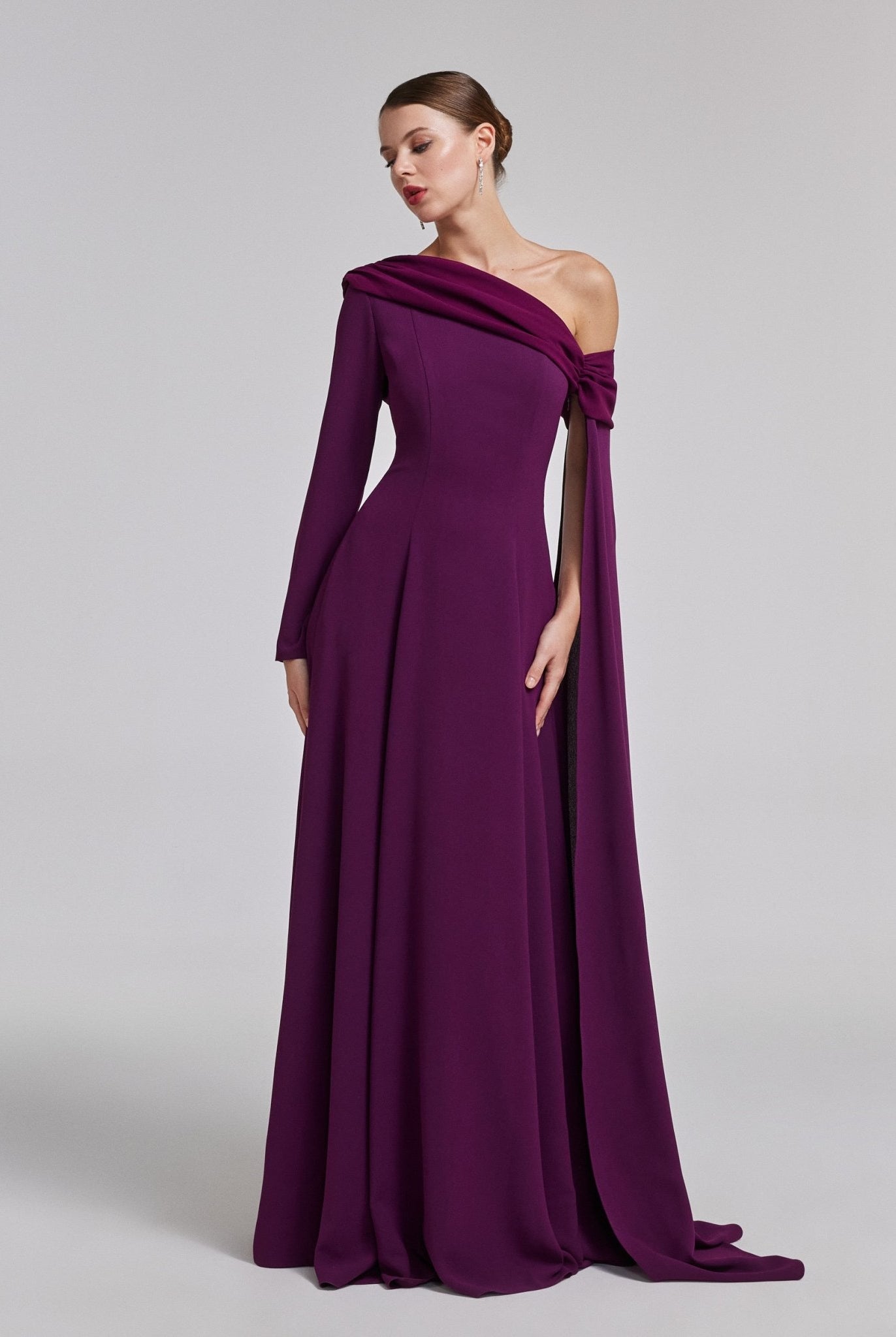 One - Shoulder Draped Crepe Evening Gown - shopaleena