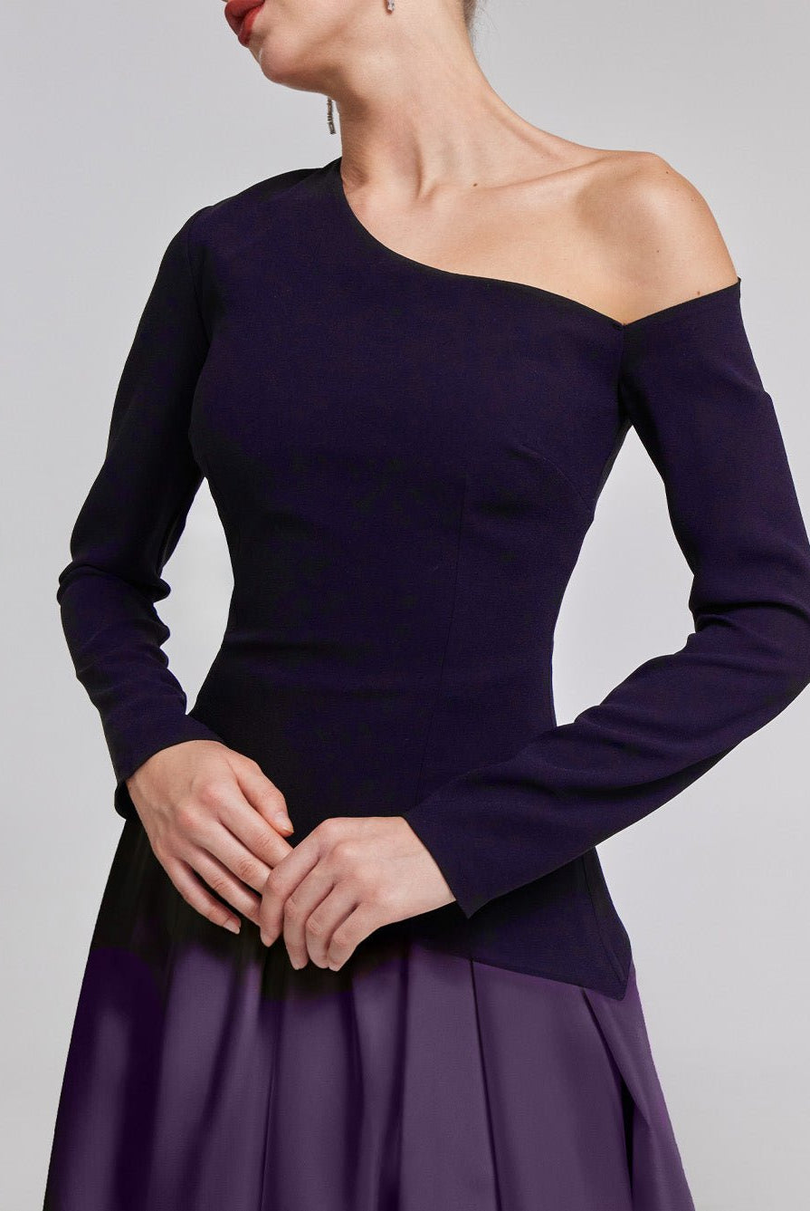One - Shoulder Purple Crepe and Taffeta Ball Gown - shopaleena