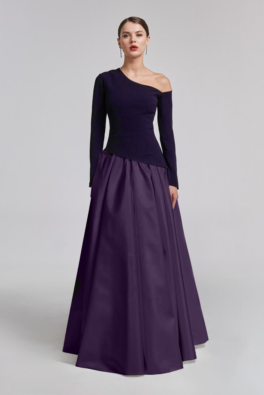 One - Shoulder Purple Crepe and Taffeta Ball Gown - shopaleena