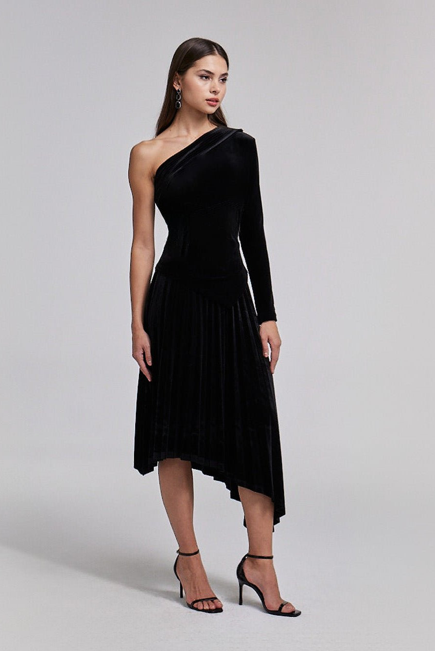 One - Shoulder Velvet Dress with Asymmetric Hemline - shopaleena
